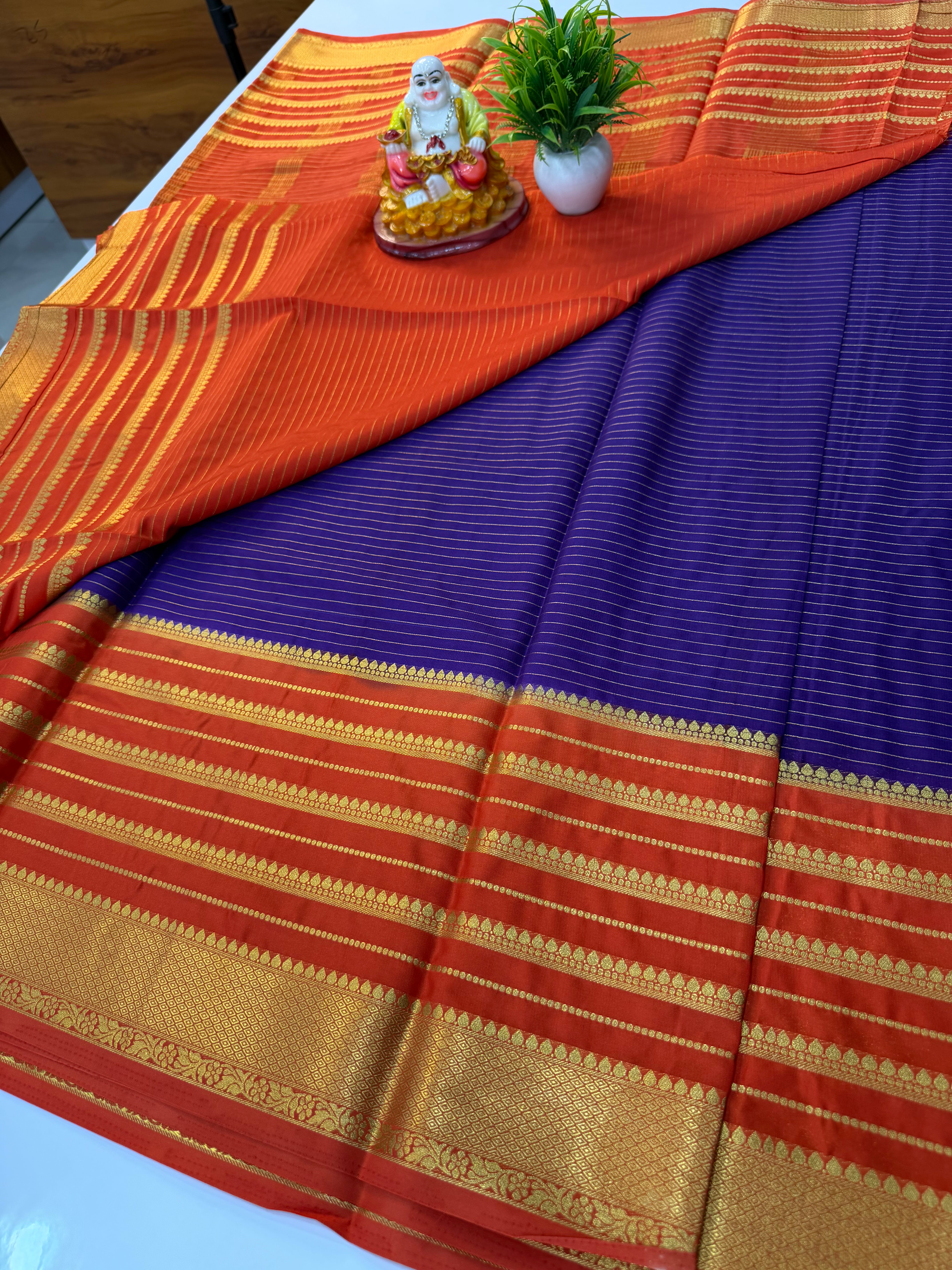Premium Mysore Crepe Silk Saree wit Stripes & Contrast Border