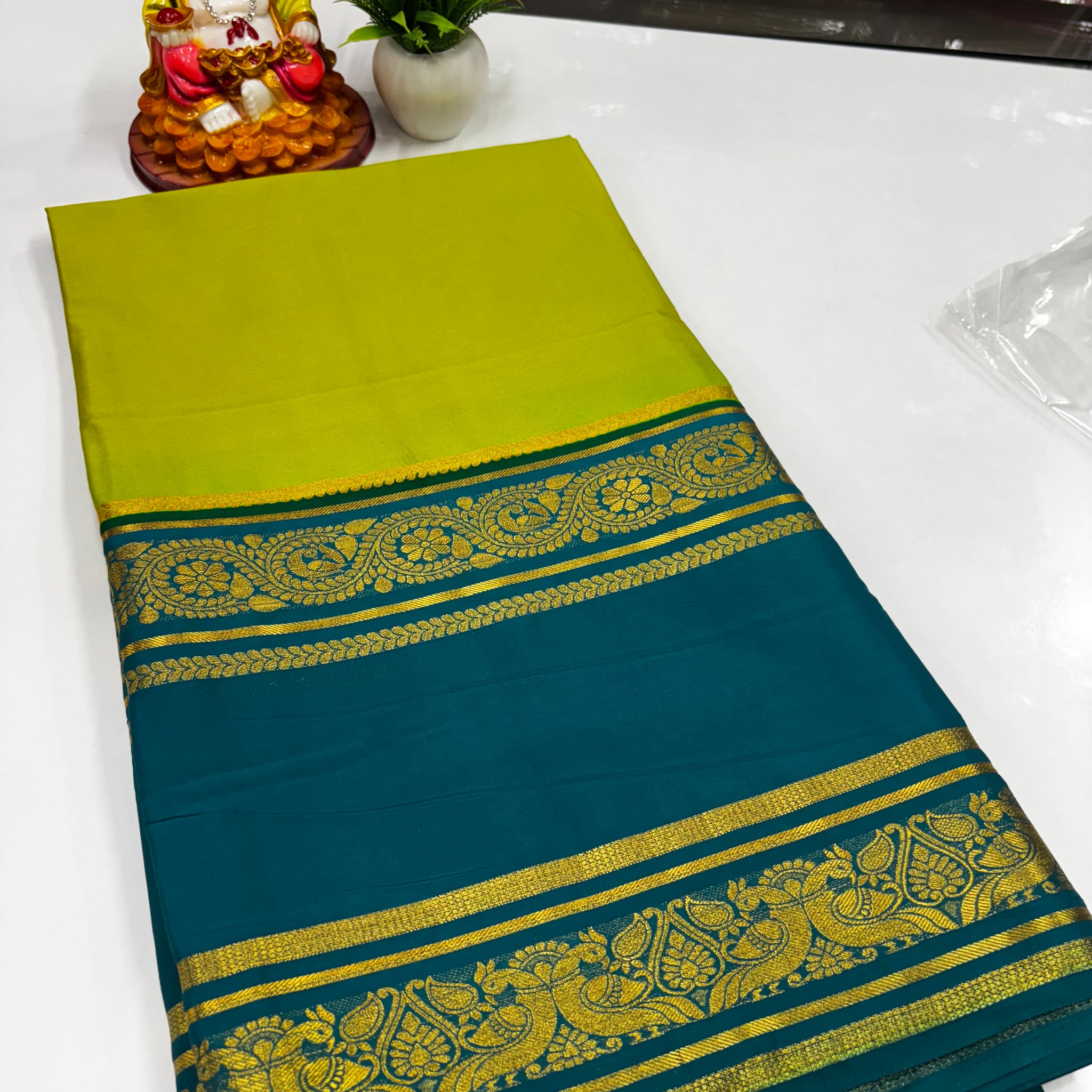 Mysore Crepe Silk Saree – Peacock Bentex Border Elegance by Padmavathi Silks and Sarees ✨