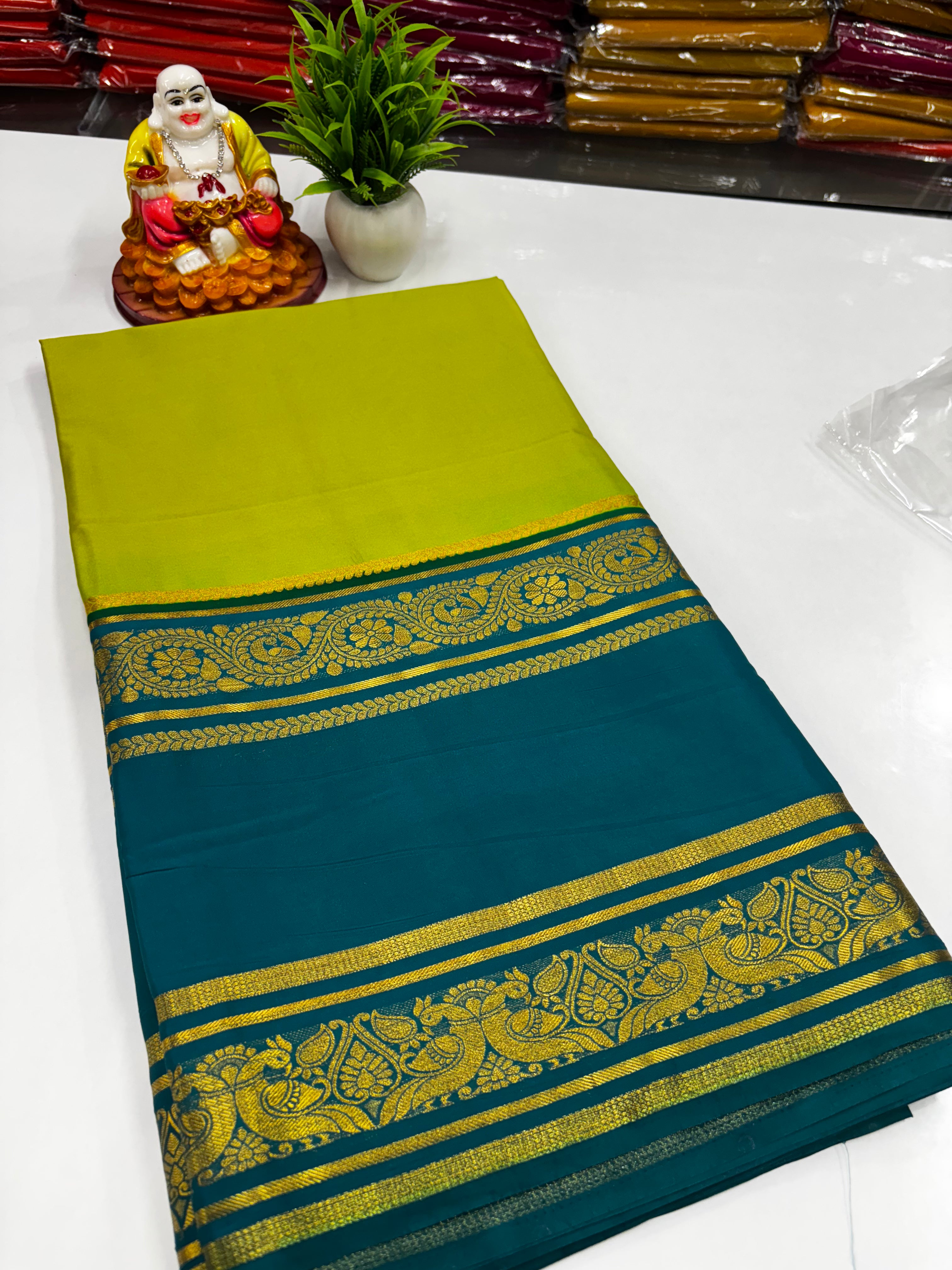 Mysore Crepe Silk Saree – Peacock Bentex Border Elegance by Padmavathi Silks and Sarees ✨