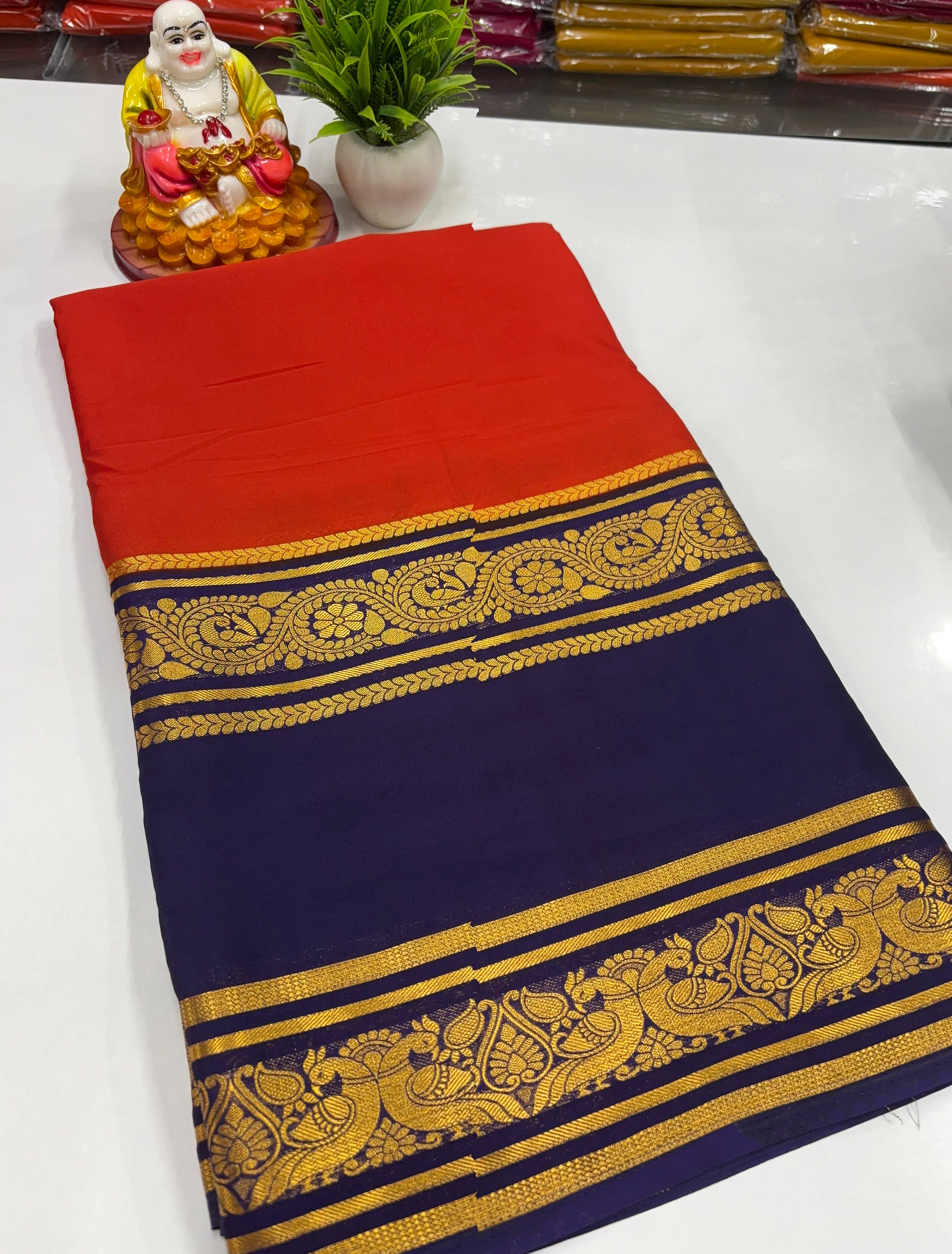Mysore Crepe Silk Saree – Peacock Bentex Border Elegance by Padmavathi Silks and Sarees ✨
