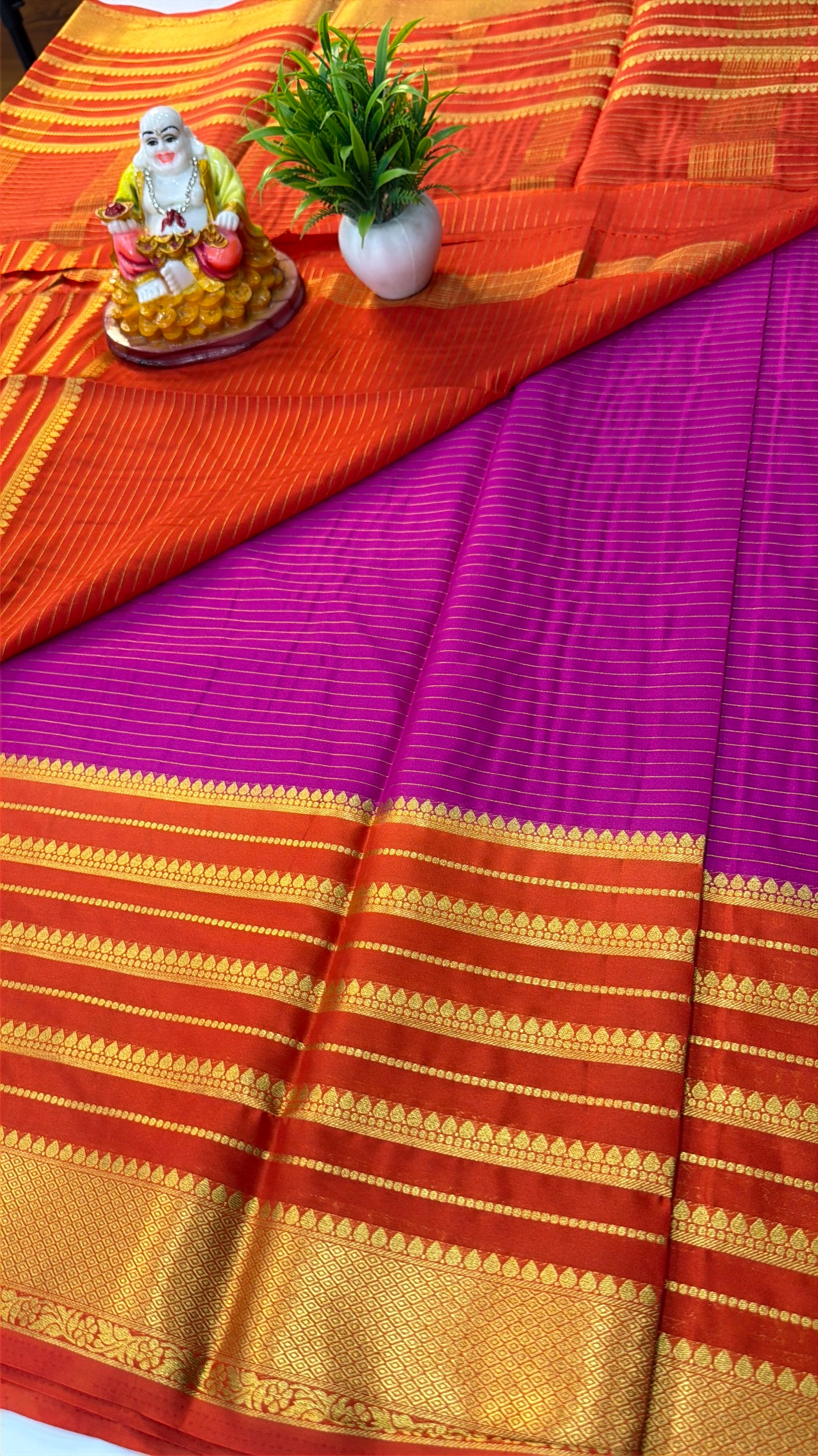 Premium Mysore Crepe Silk Saree wit Stripes & Contrast Border
