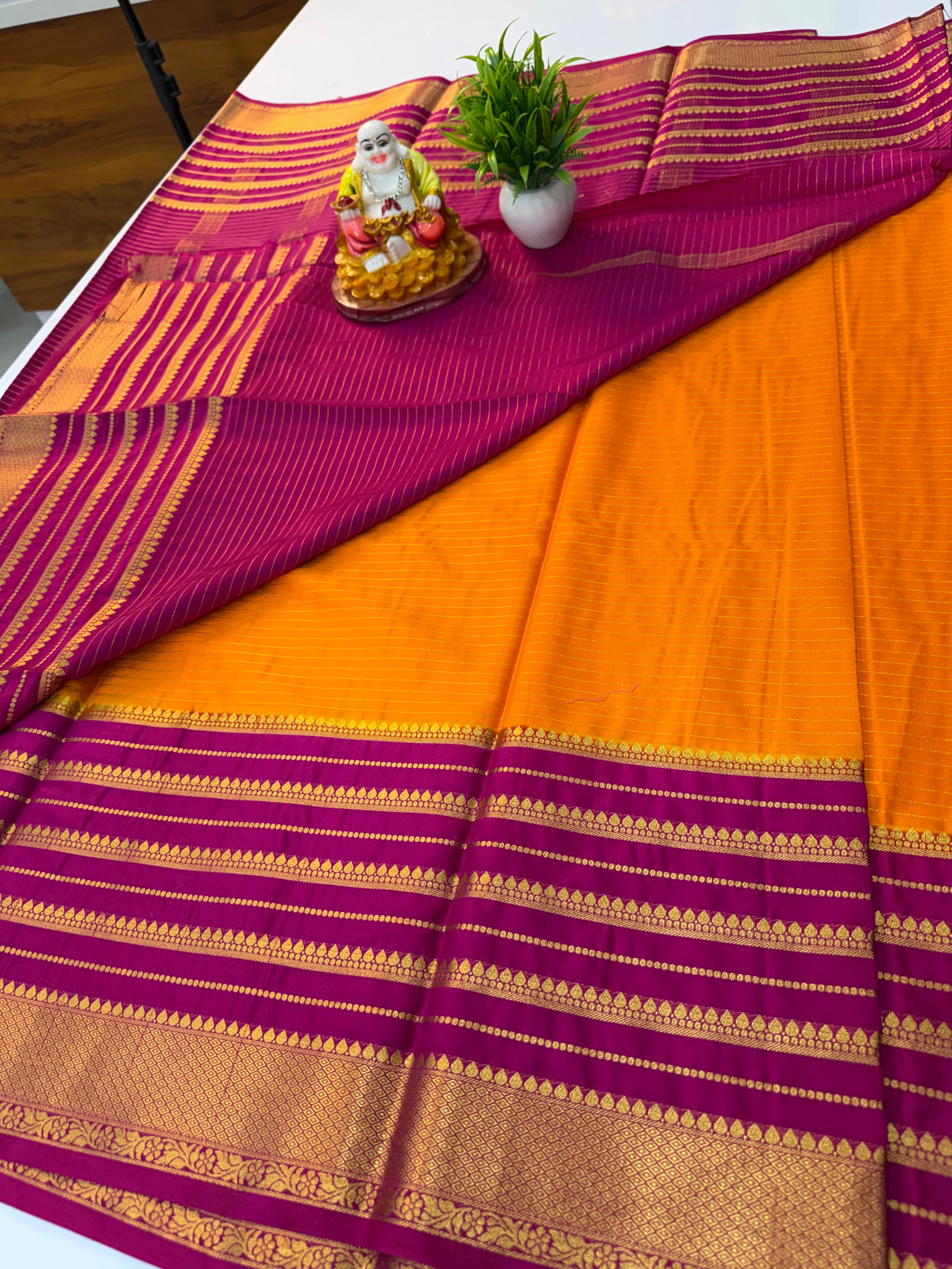 Premium Mysore Crepe Silk Saree wit Stripes & Contrast Border
