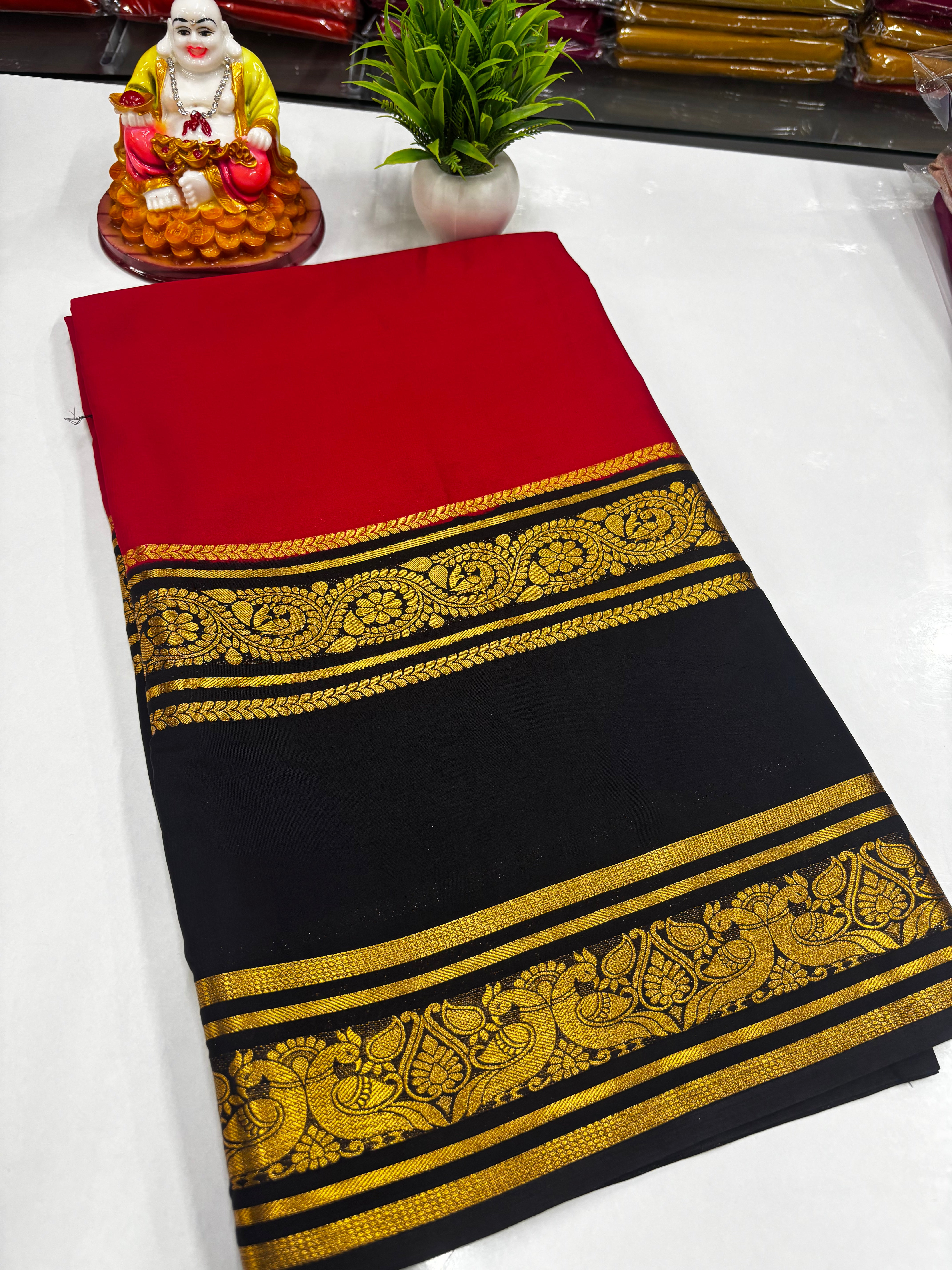 Mysore Crepe Silk Saree – Peacock Bentex Border Elegance by Padmavathi Silks and Sarees ✨