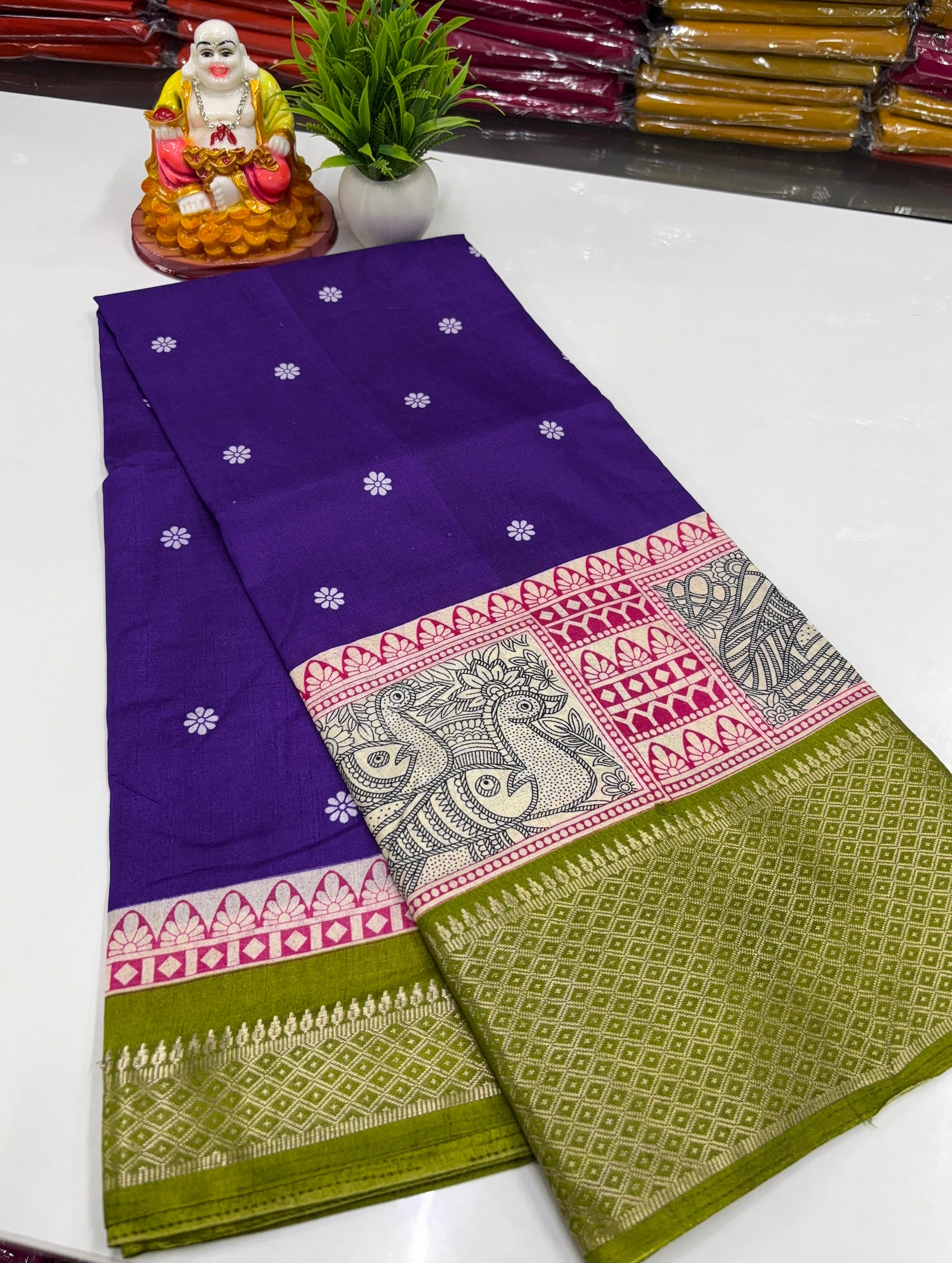 Dola Silk Saree with Kalamkari & Madhubani Elegance ✨