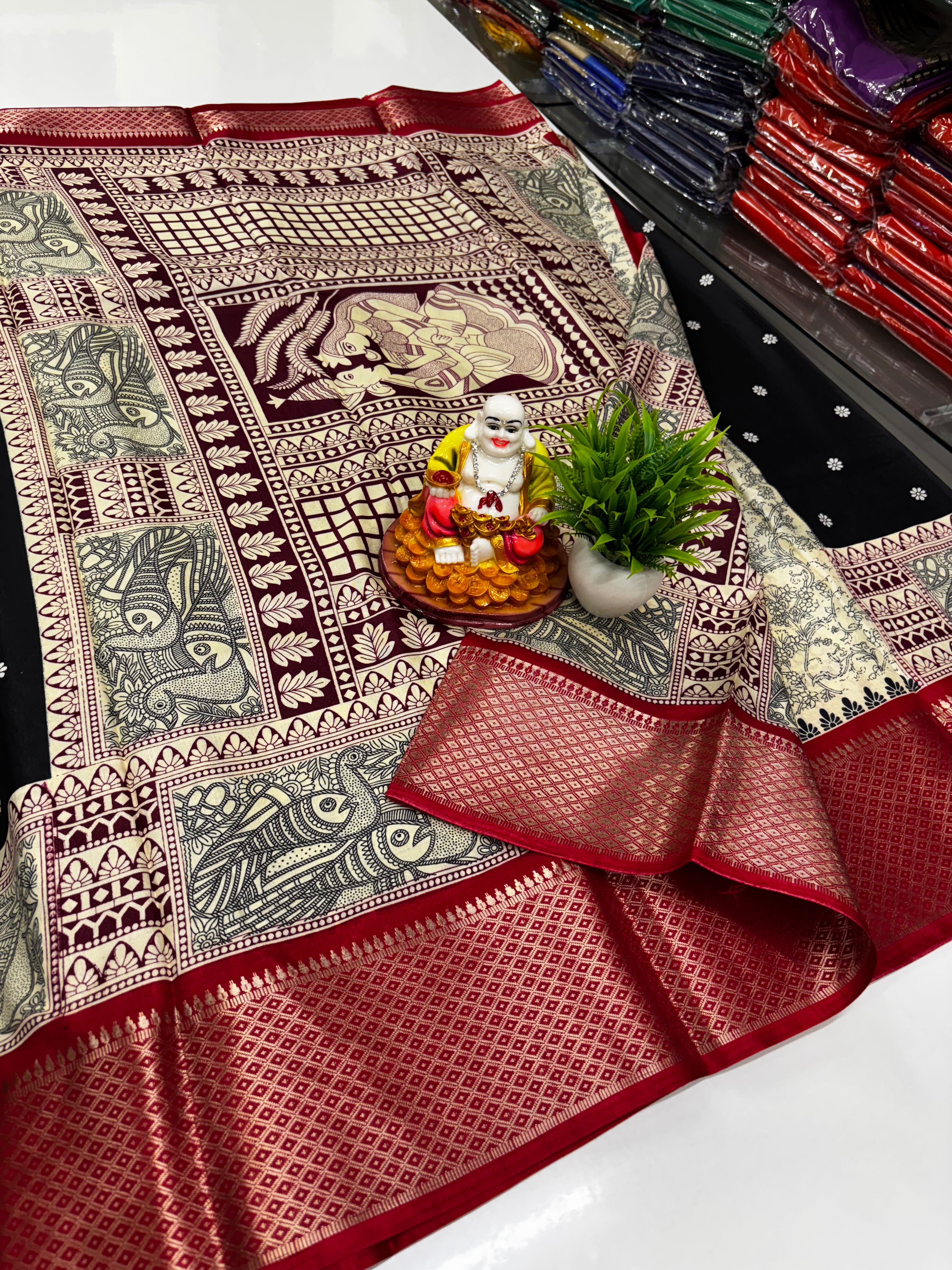 Dola Silk Saree with Kalamkari & Madhubani Elegance ✨