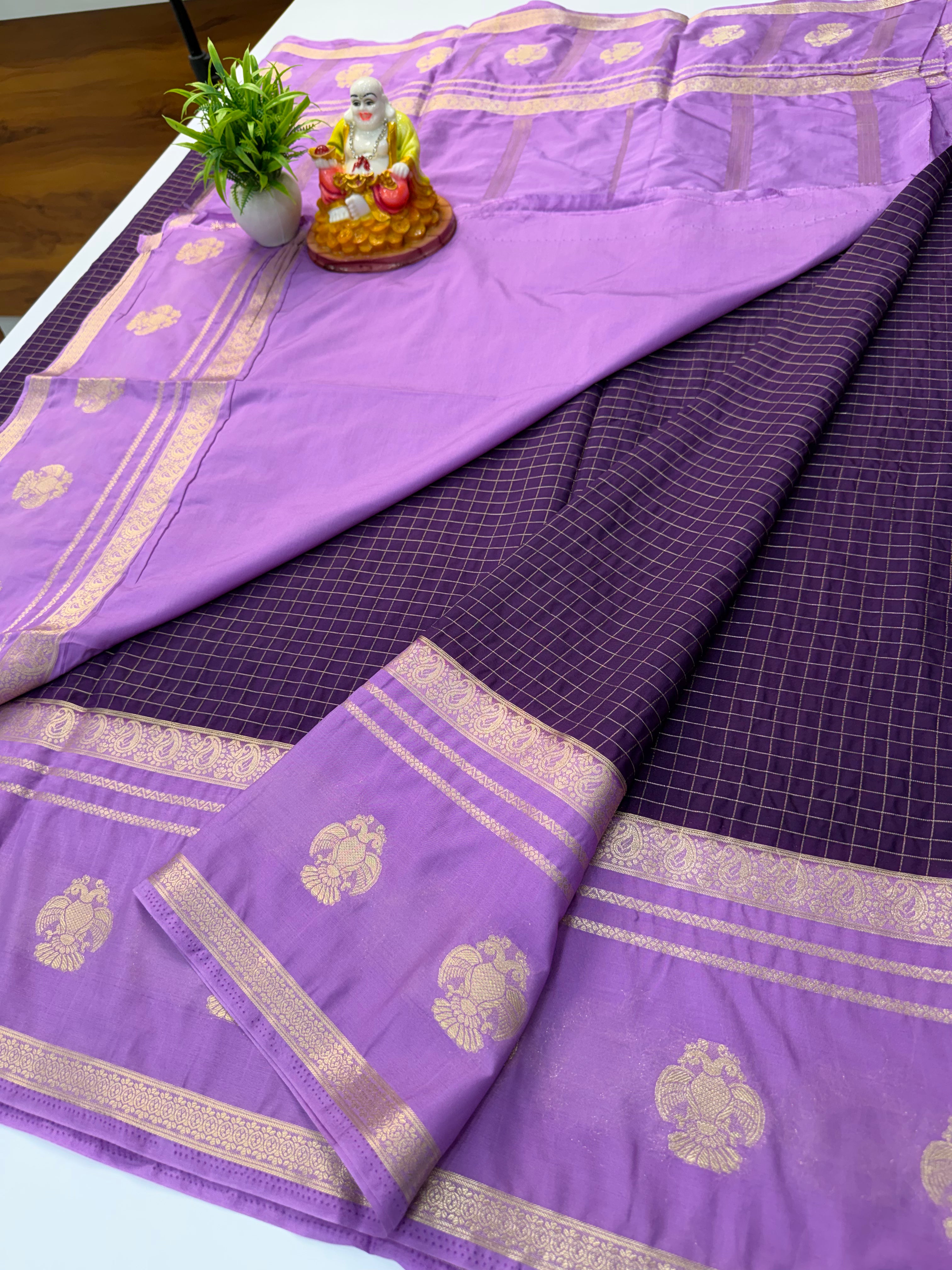Premium Mysore Crepe Silk Saree with Checks Pattern & Gandaberunda Design | Padmavathi Silks and Sarees