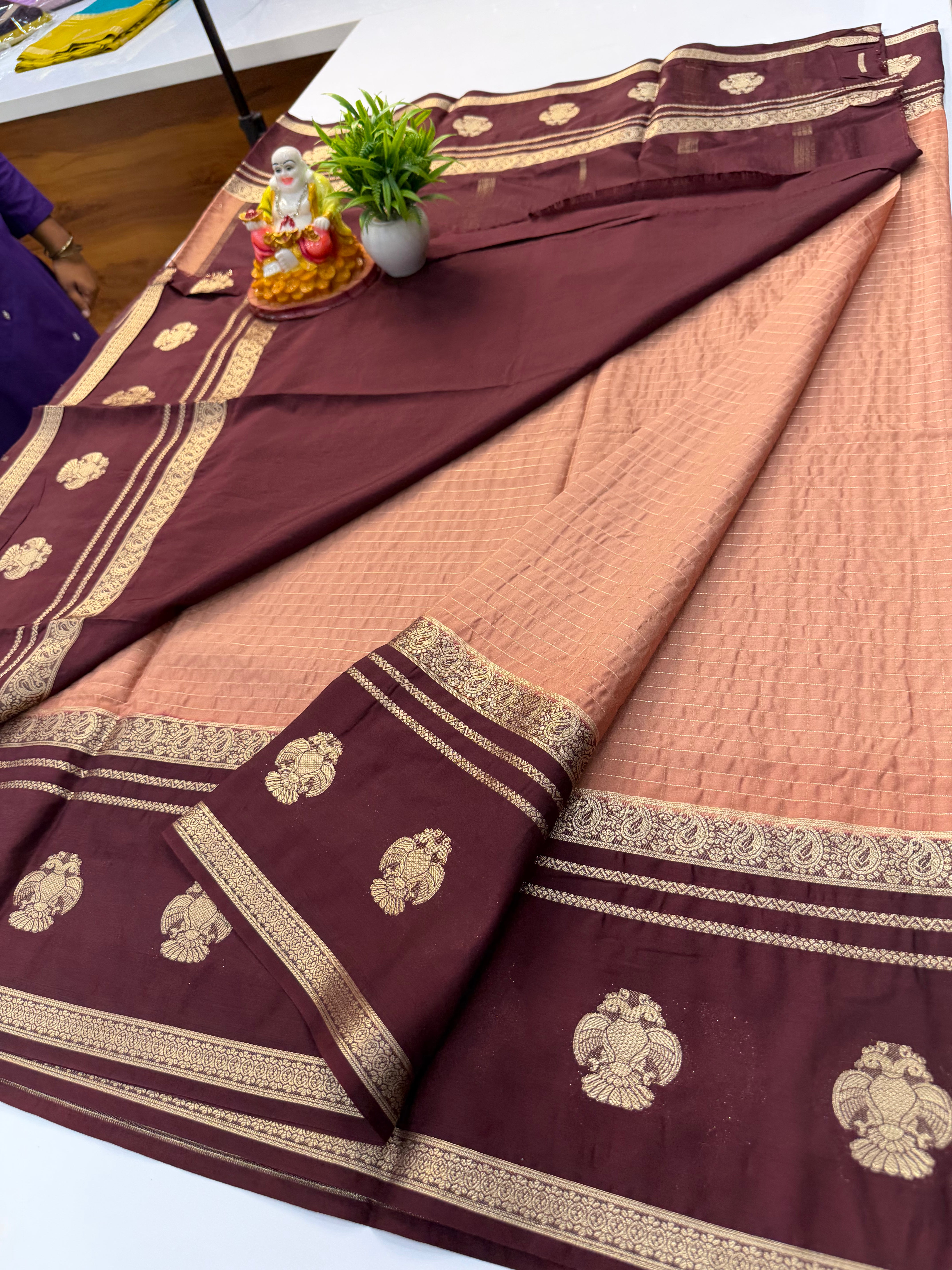 Premium Mysore Crepe Silk Saree with Checks Pattern & Gandaberunda Design | Padmavathi Silks and Sarees