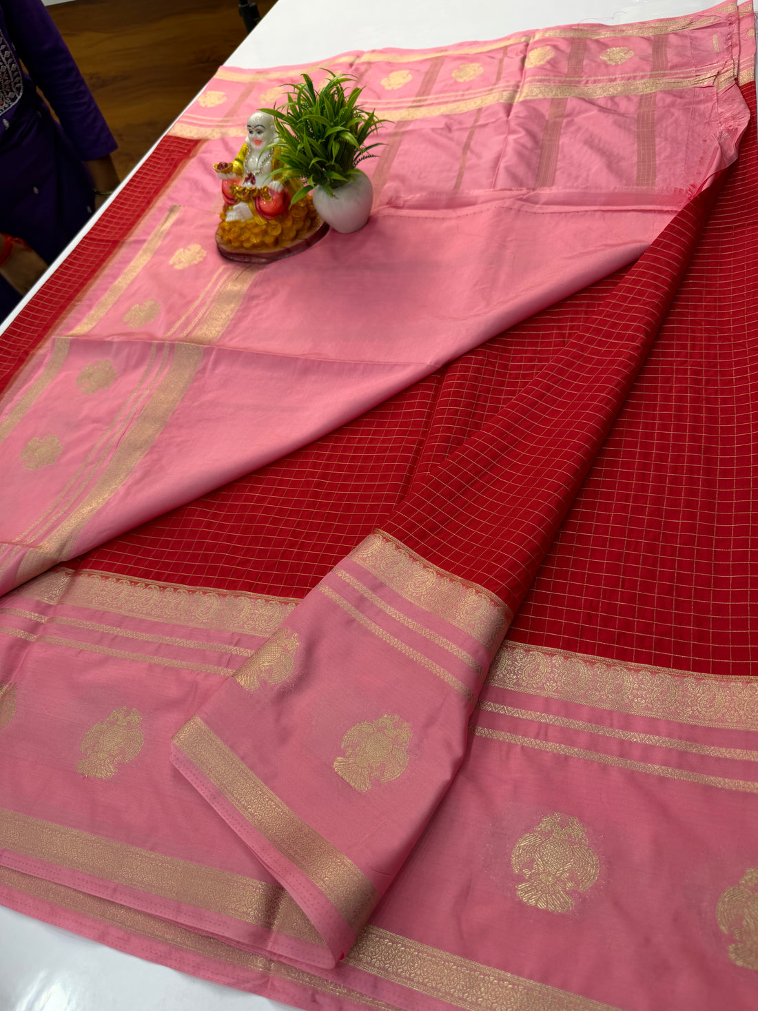 Premium Mysore Crepe Silk Saree with Checks Pattern & Gandaberunda Design | Padmavathi Silks and Sarees