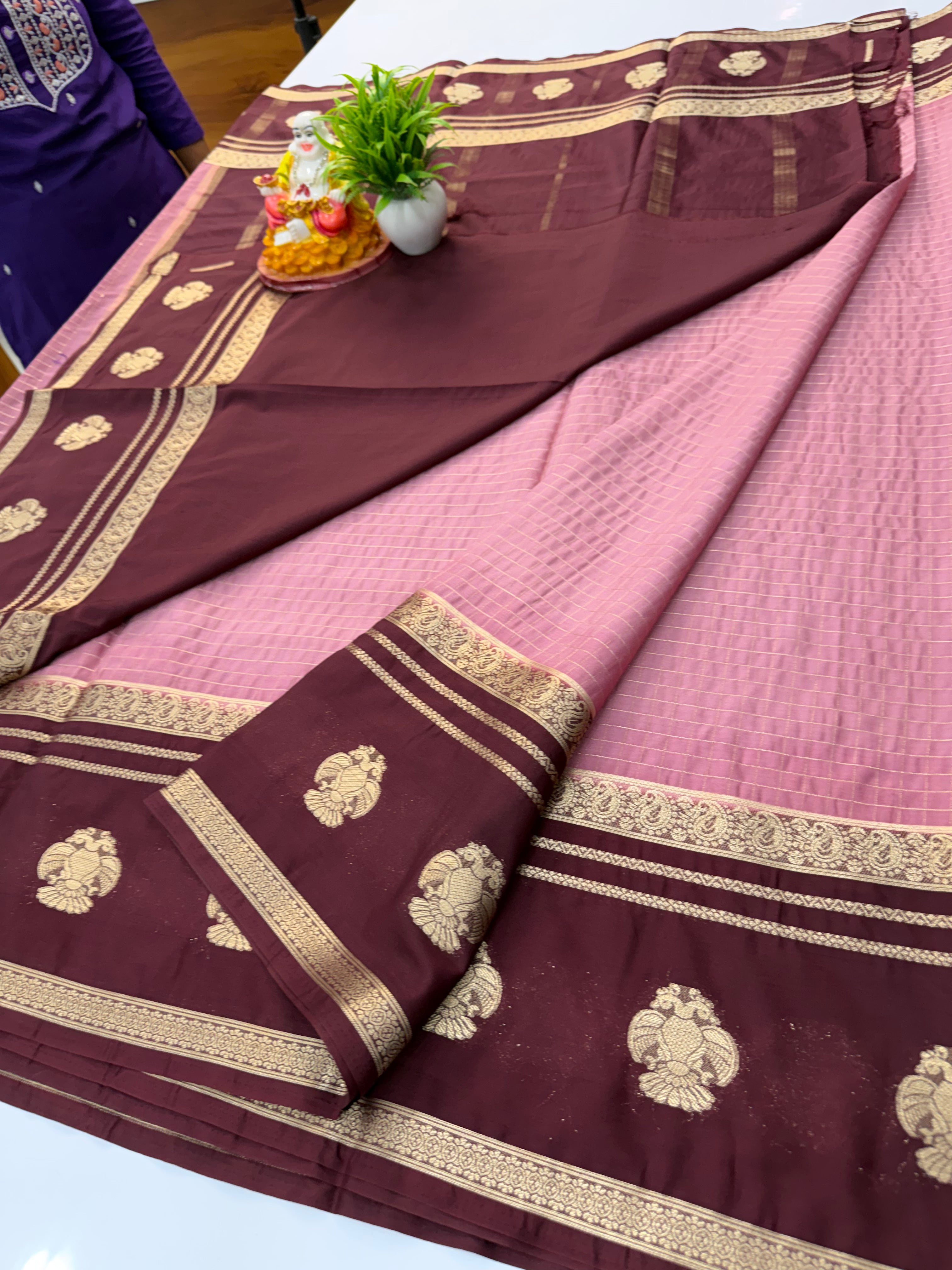 Premium Mysore Crepe Silk Saree with Checks Pattern & Gandaberunda Design | Padmavathi Silks and Sarees