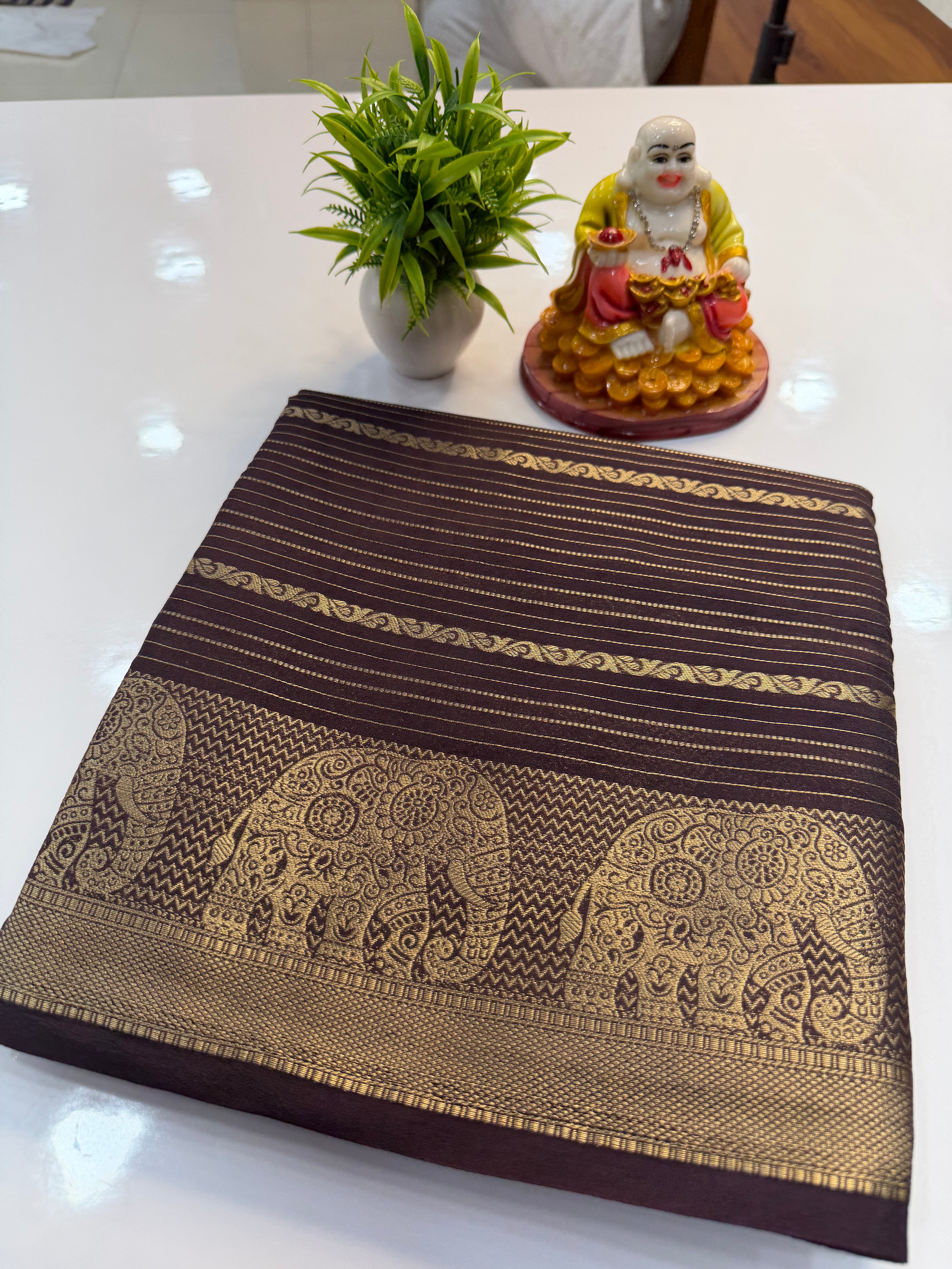 Mysore Crepe Silk Saree with Elephant Border – Shopify Product Description