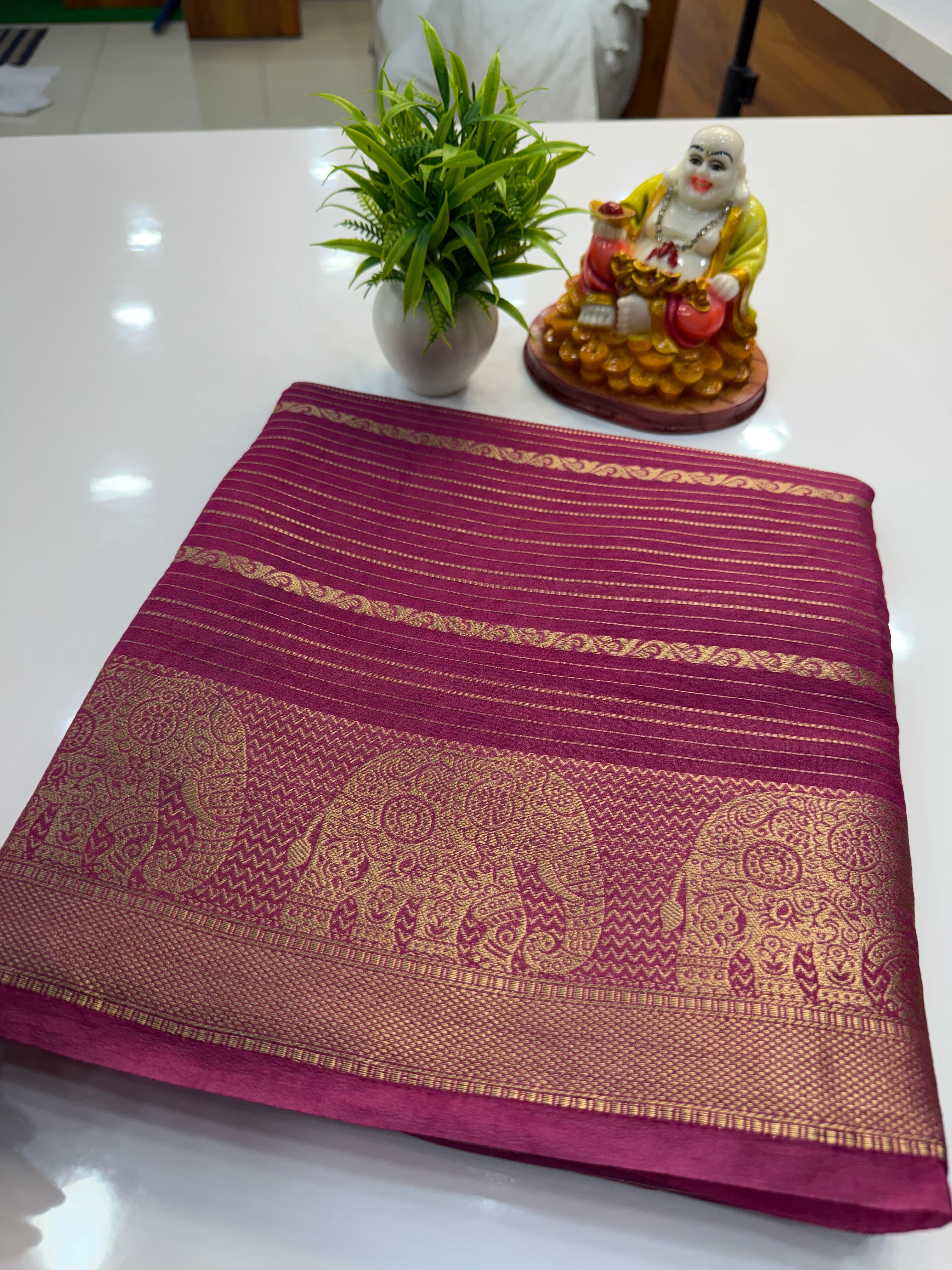Mysore Crepe Silk Saree with Elephant Border – Shopify Product Description