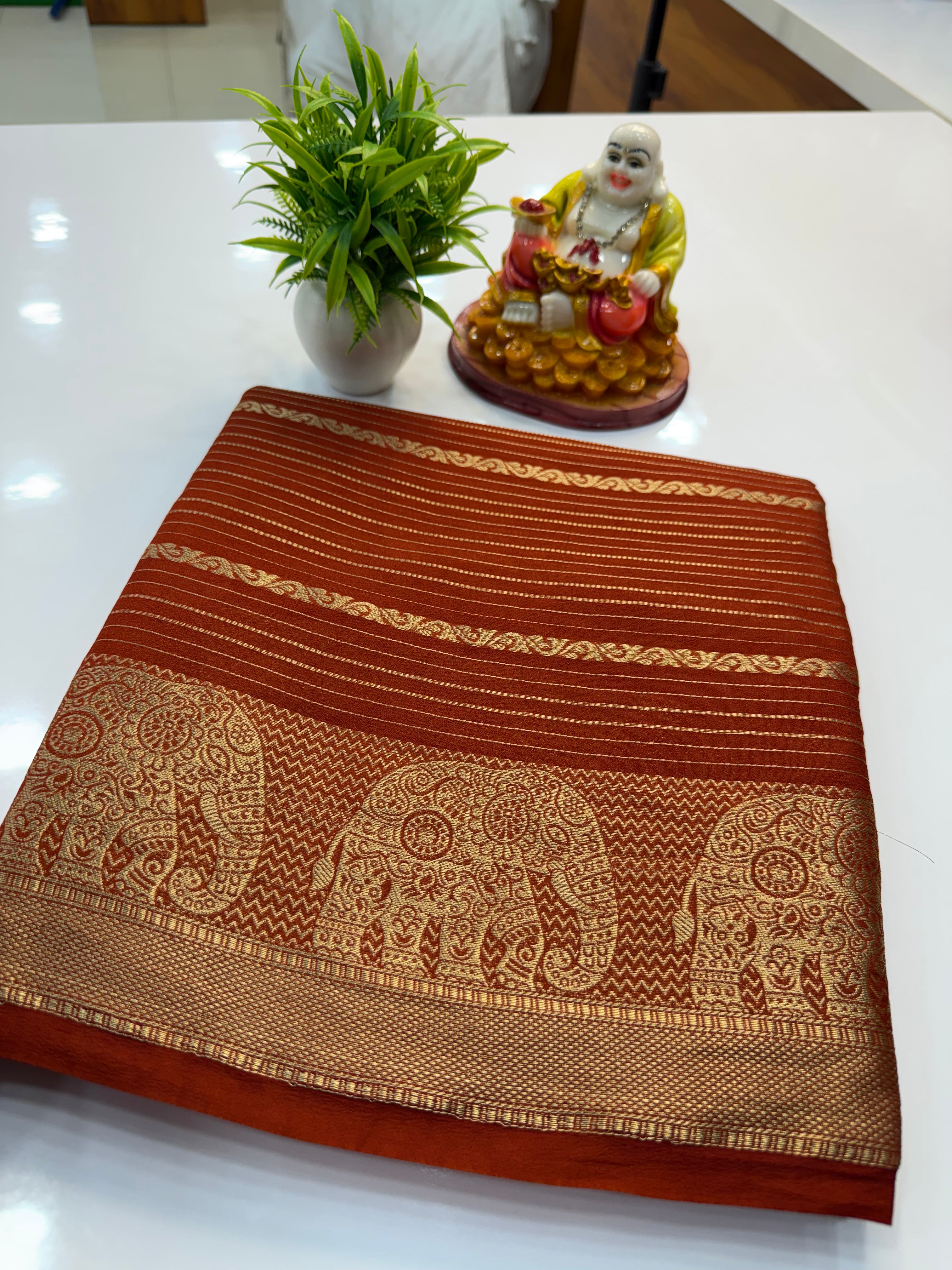 Mysore Crepe Silk Saree with Elephant Border – Shopify Product Description