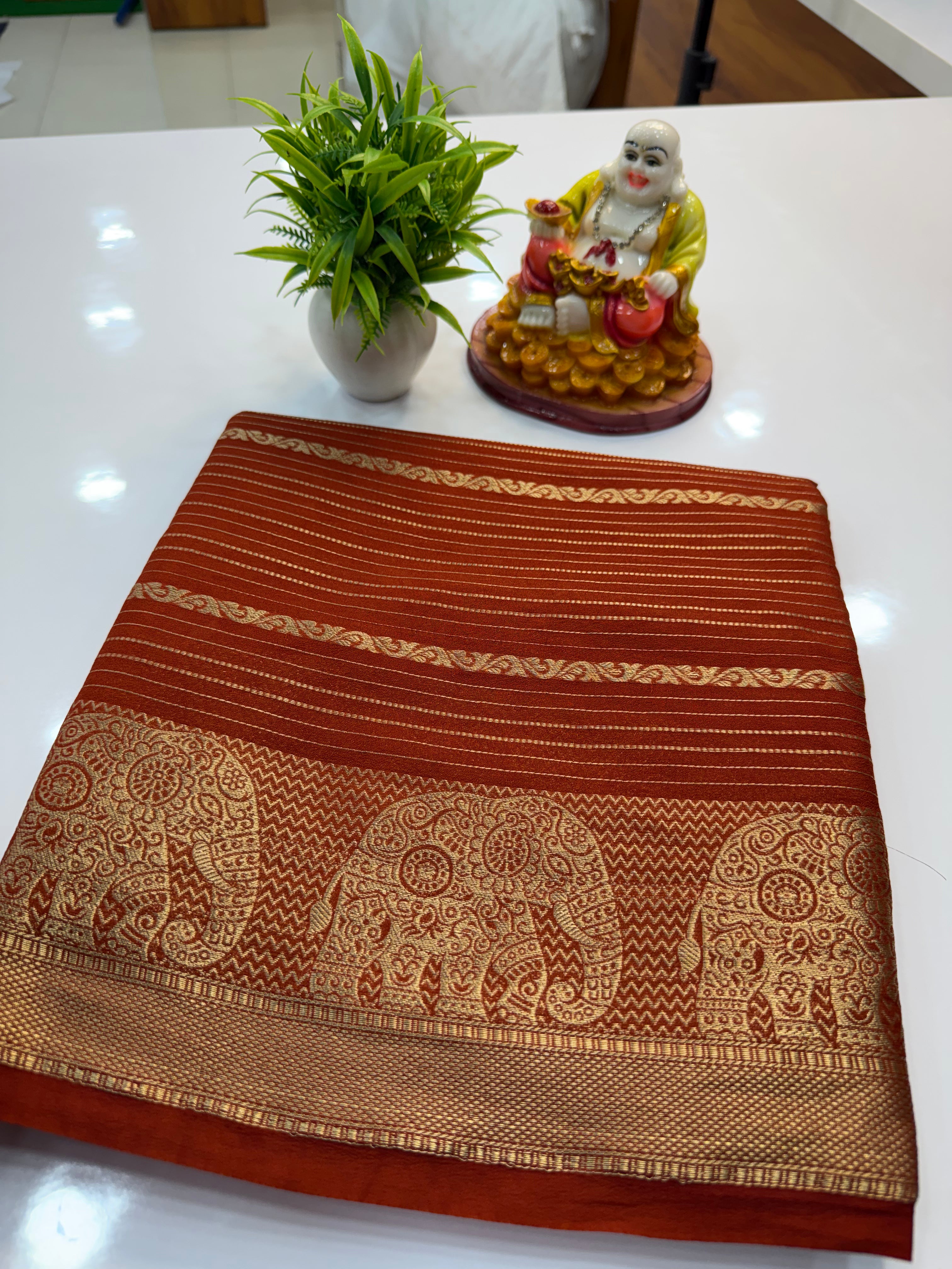Mysore Crepe Silk Saree with Elephant Border – Shopify Product Description