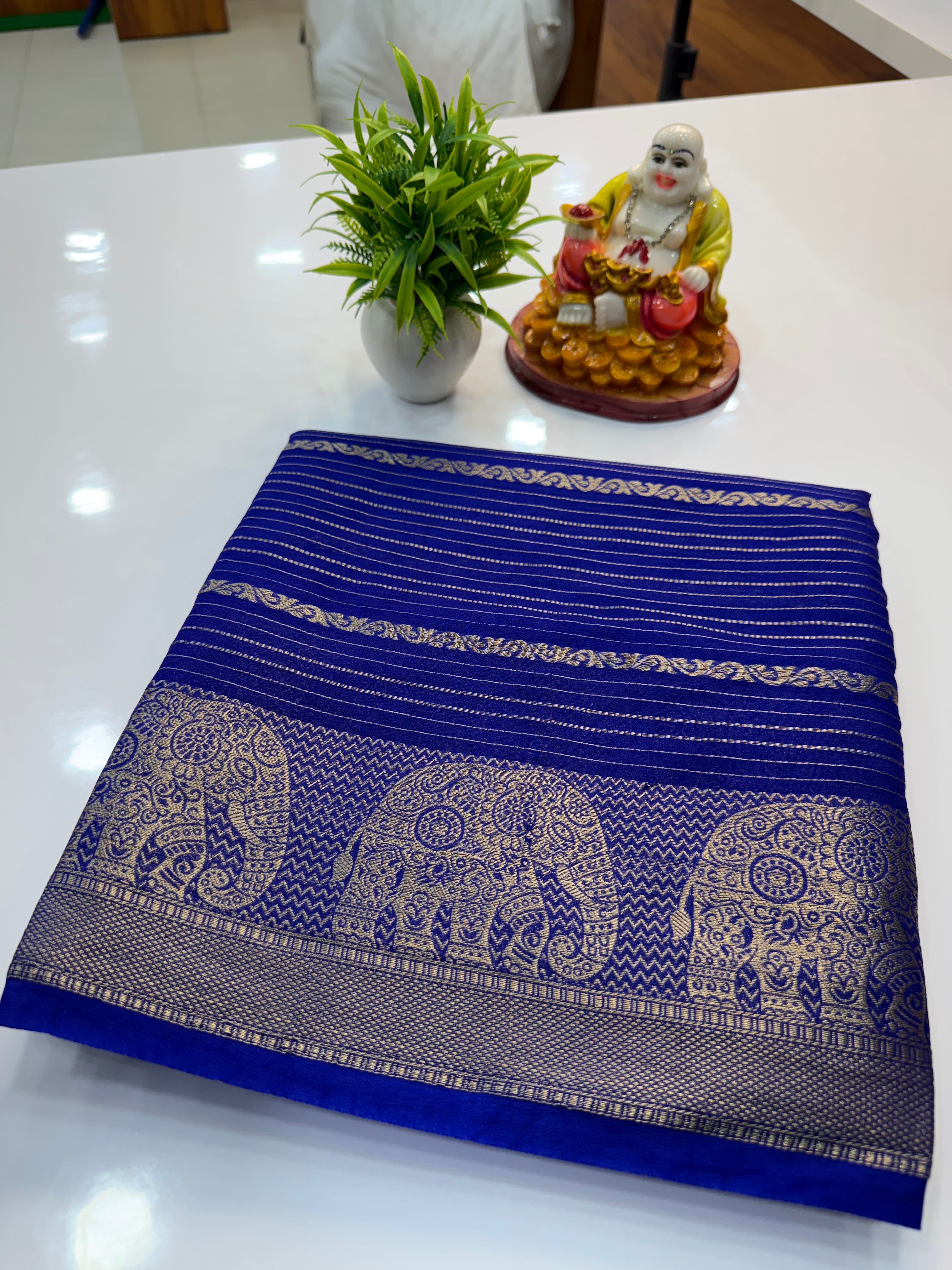 Mysore Crepe Silk Saree with Elephant Border – Shopify Product Description