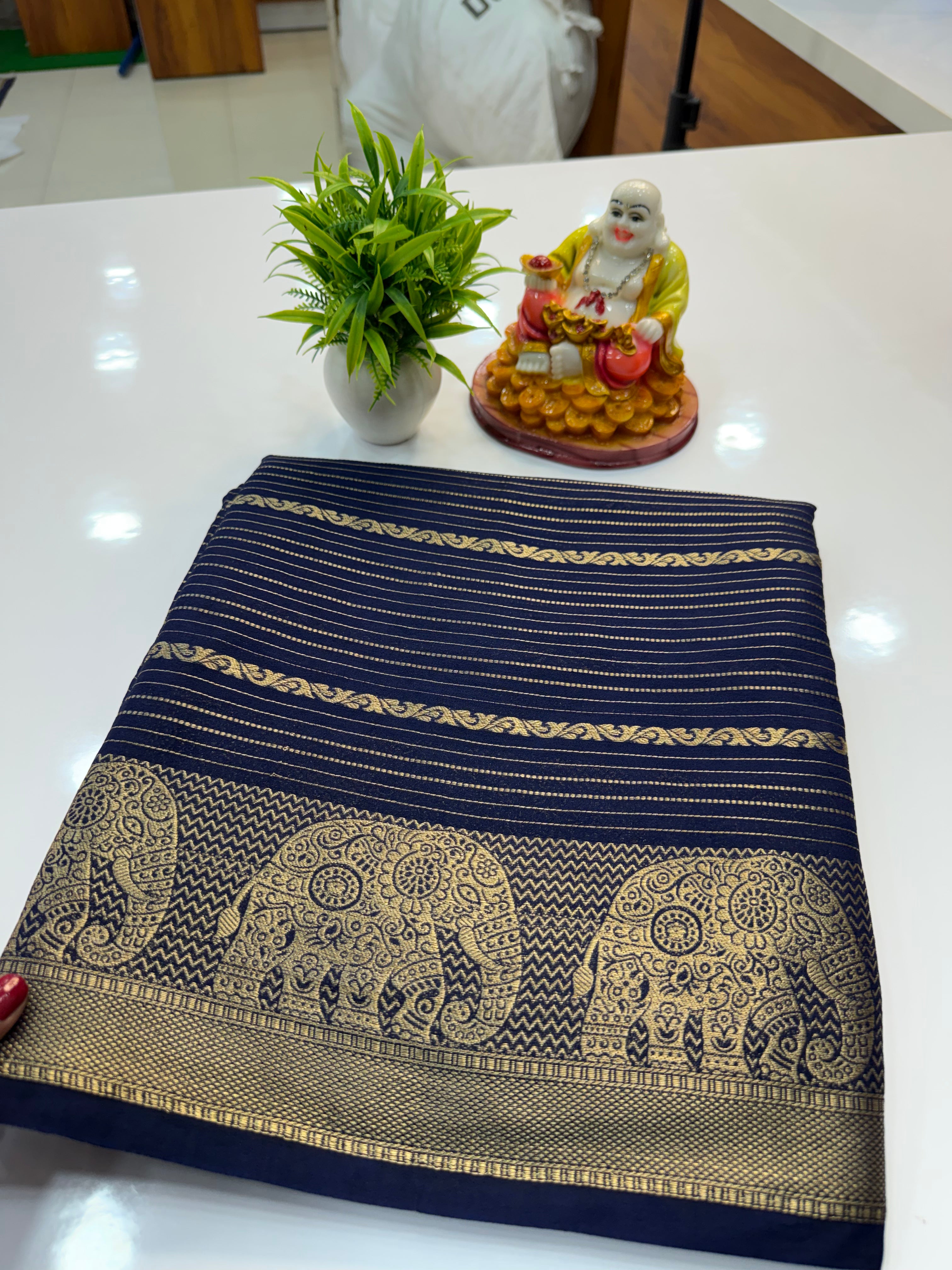 Mysore Crepe Silk Saree with Elephant Border – Shopify Product Description