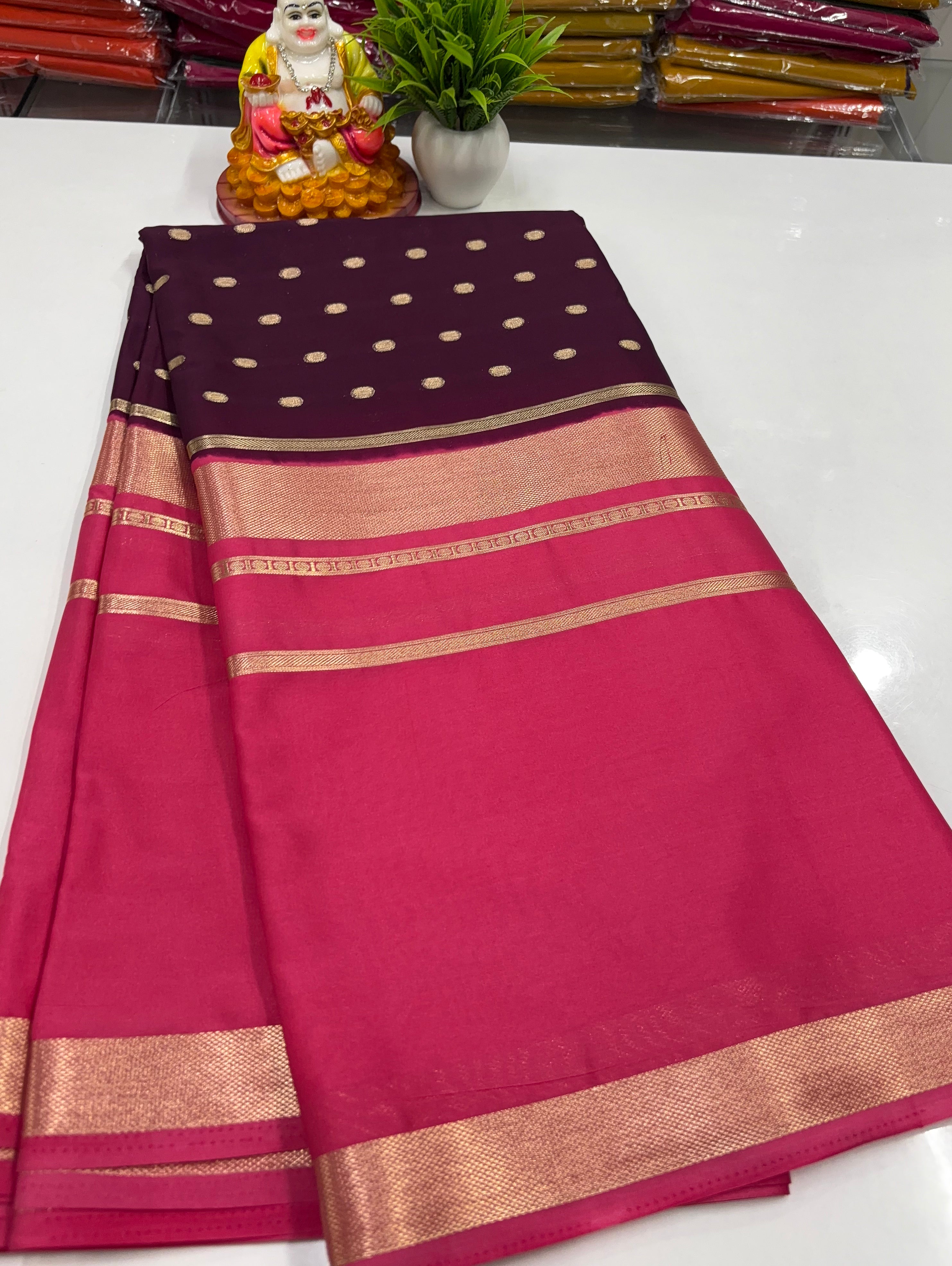 Mysore Crepe Silk Saree – Elegant Centre Print Buttas ✨