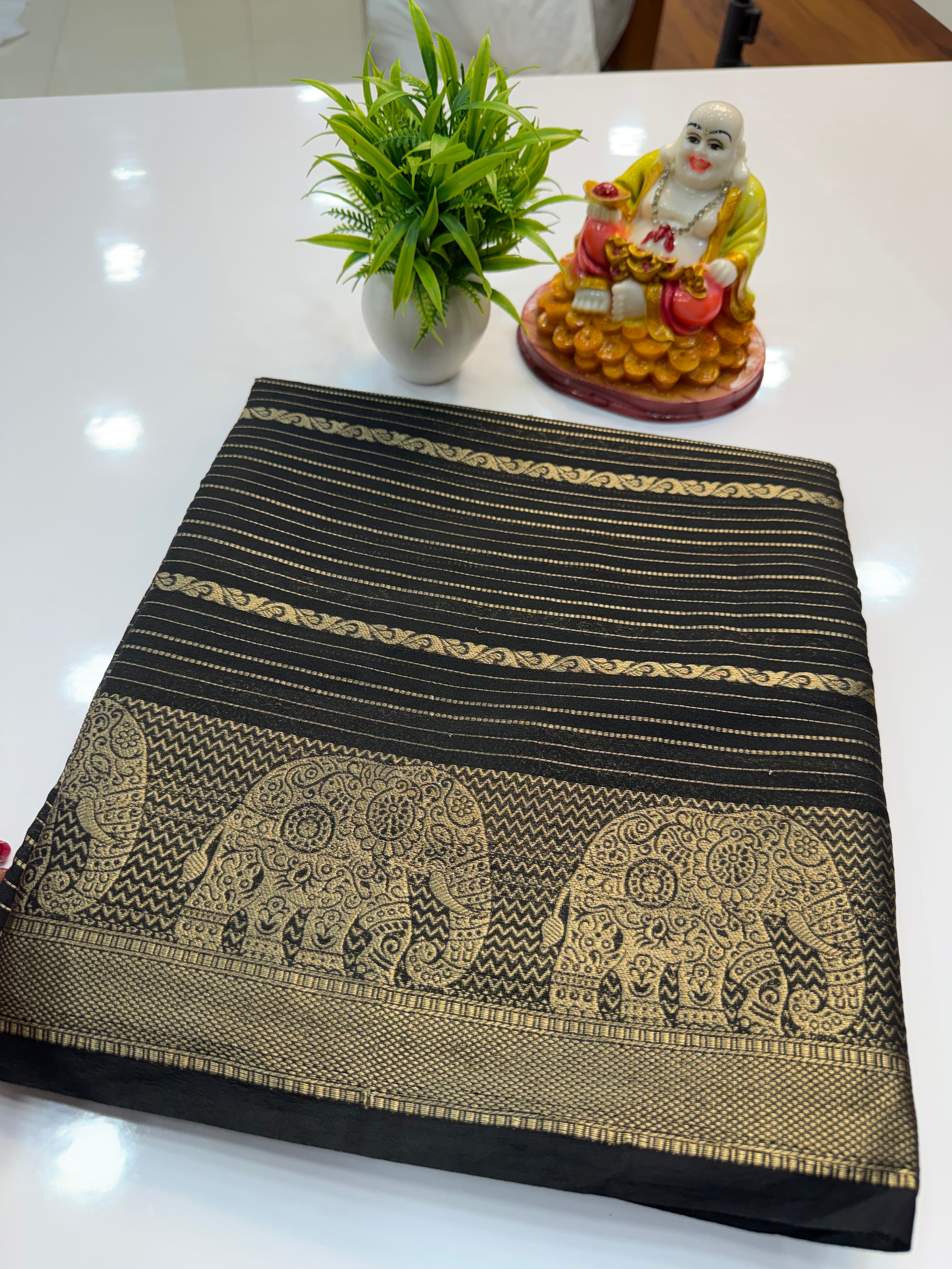 Mysore Crepe Silk Saree with Elephant Border – Shopify Product Description