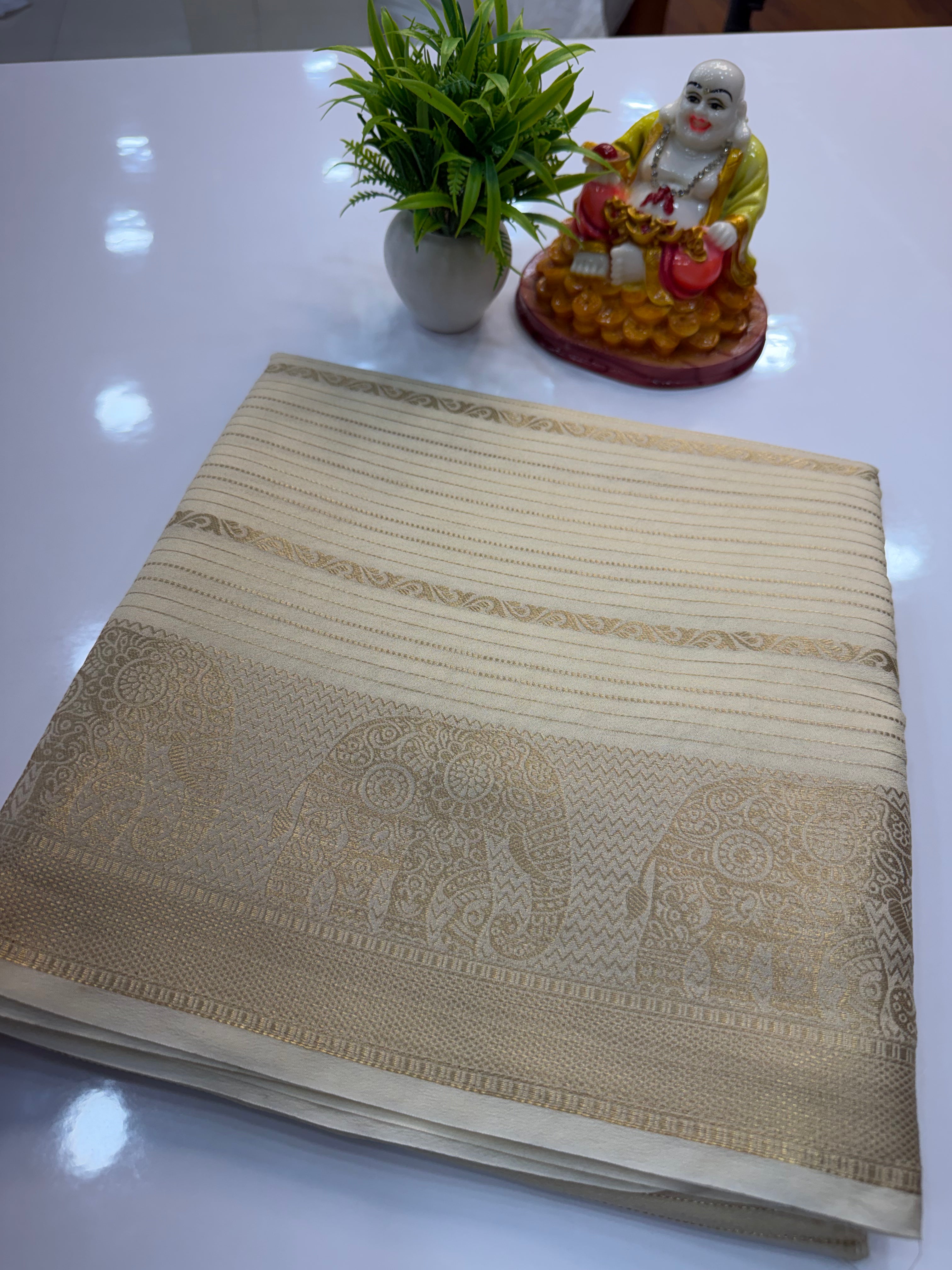 Mysore Crepe Silk Saree with Elephant Border – Shopify Product Description