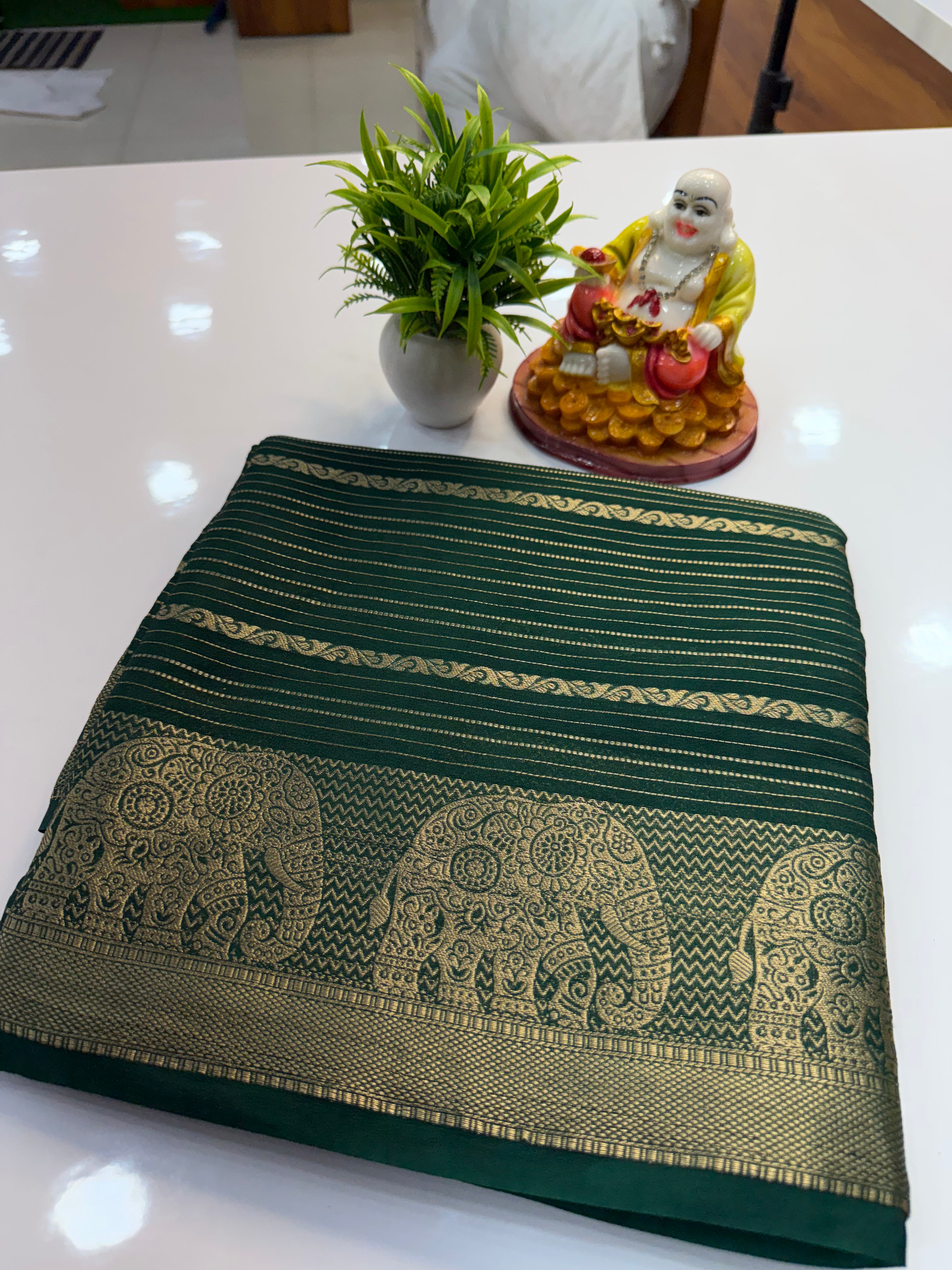 Mysore Crepe Silk Saree with Elephant Border – Shopify Product Description