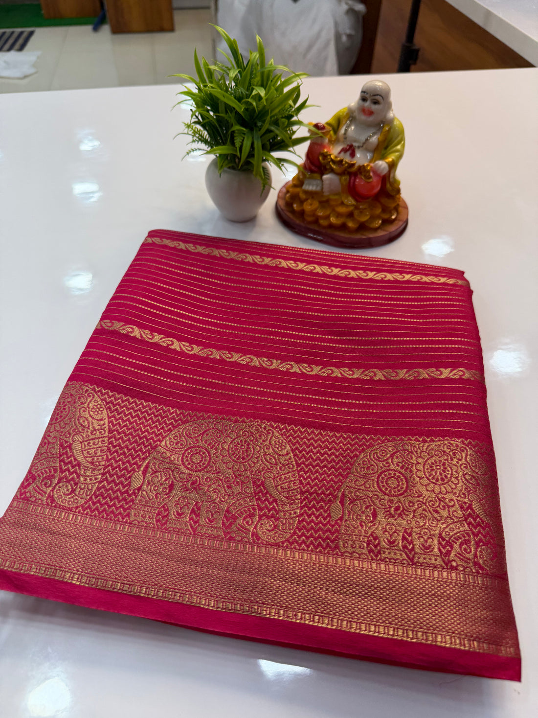 Mysore Crepe Silk Saree with Elephant Border – Shopify Product Description