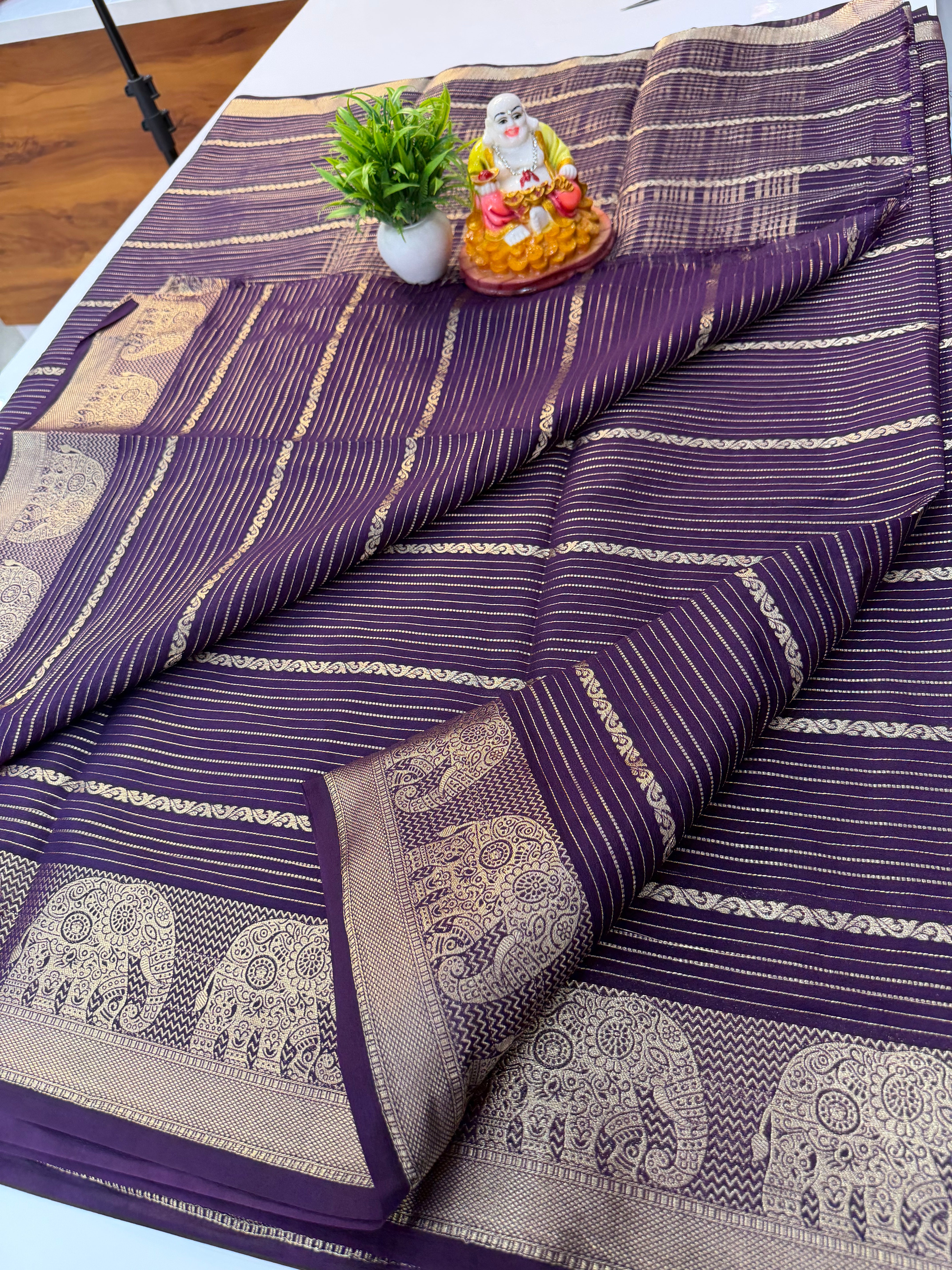 Mysore Crepe Silk Saree with Elephant Border – Shopify Product Description