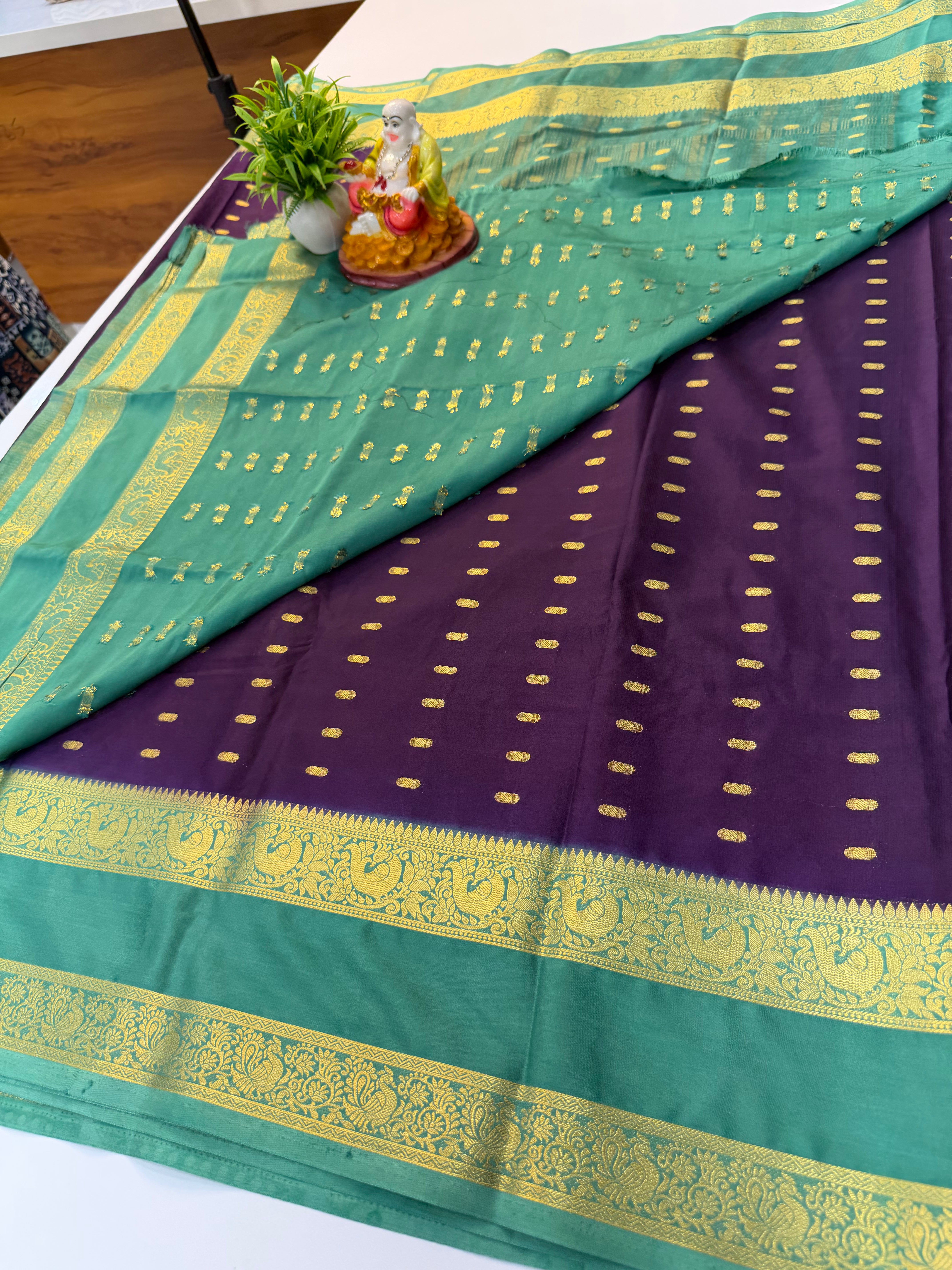 Mysore Crepe Silk Saree with Beautiful Buttas & Bentex Border – Padmavathi Silks and Sarees