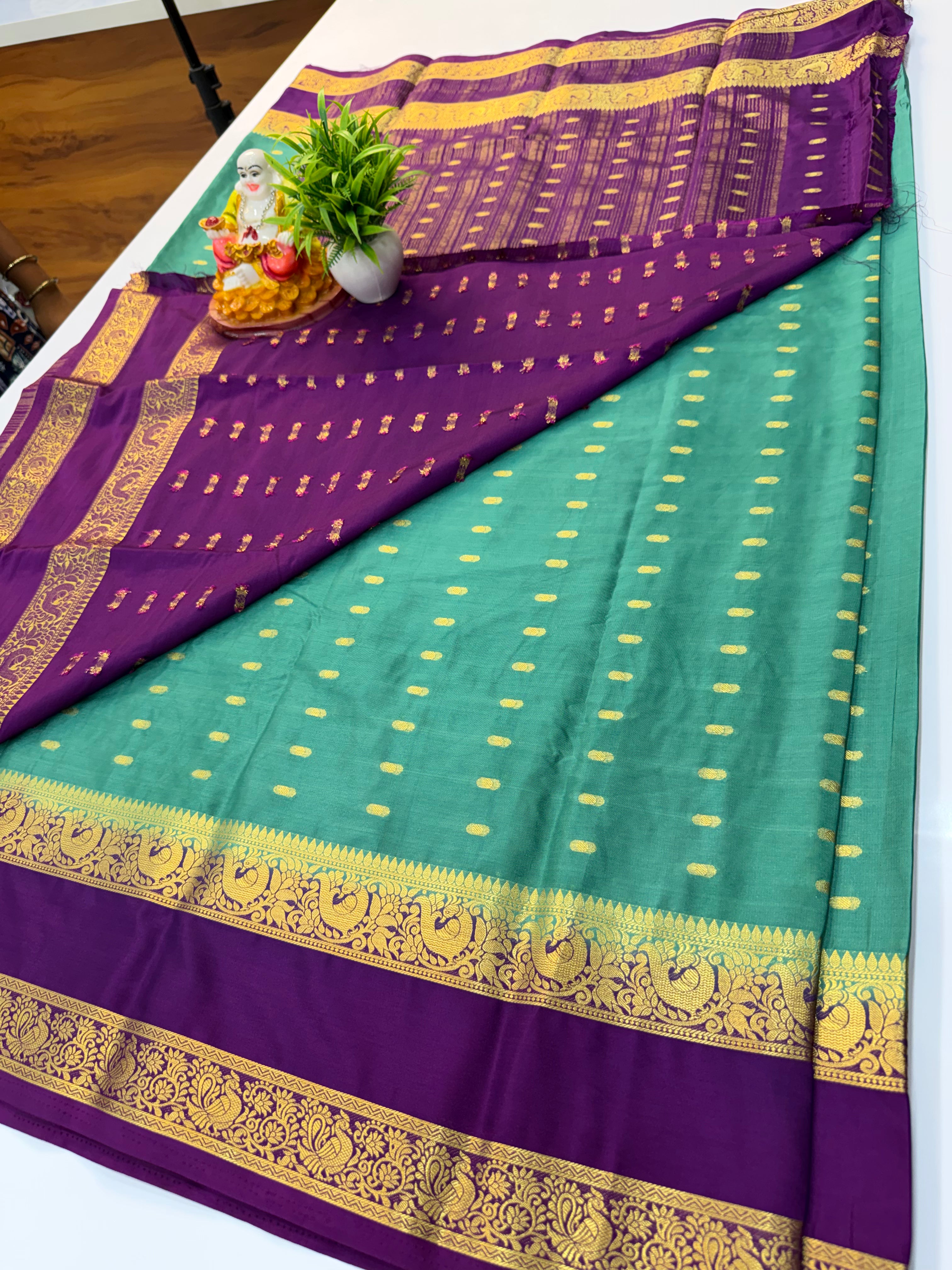 Mysore Crepe Silk Saree with Beautiful Buttas & Bentex Border – Padmavathi Silks and Sarees