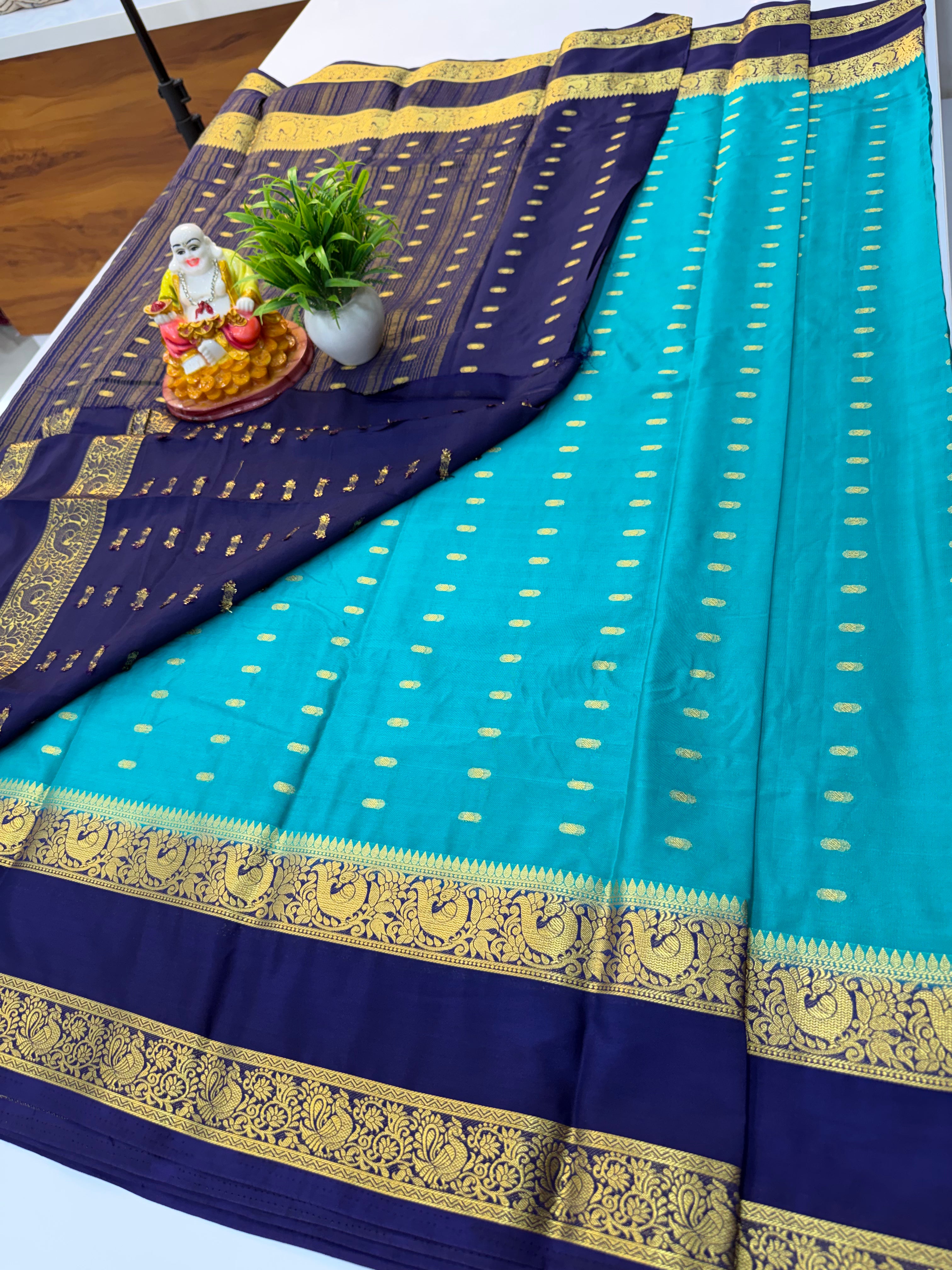 Mysore Crepe Silk Saree with Beautiful Buttas & Bentex Border – Padmavathi Silks and Sarees