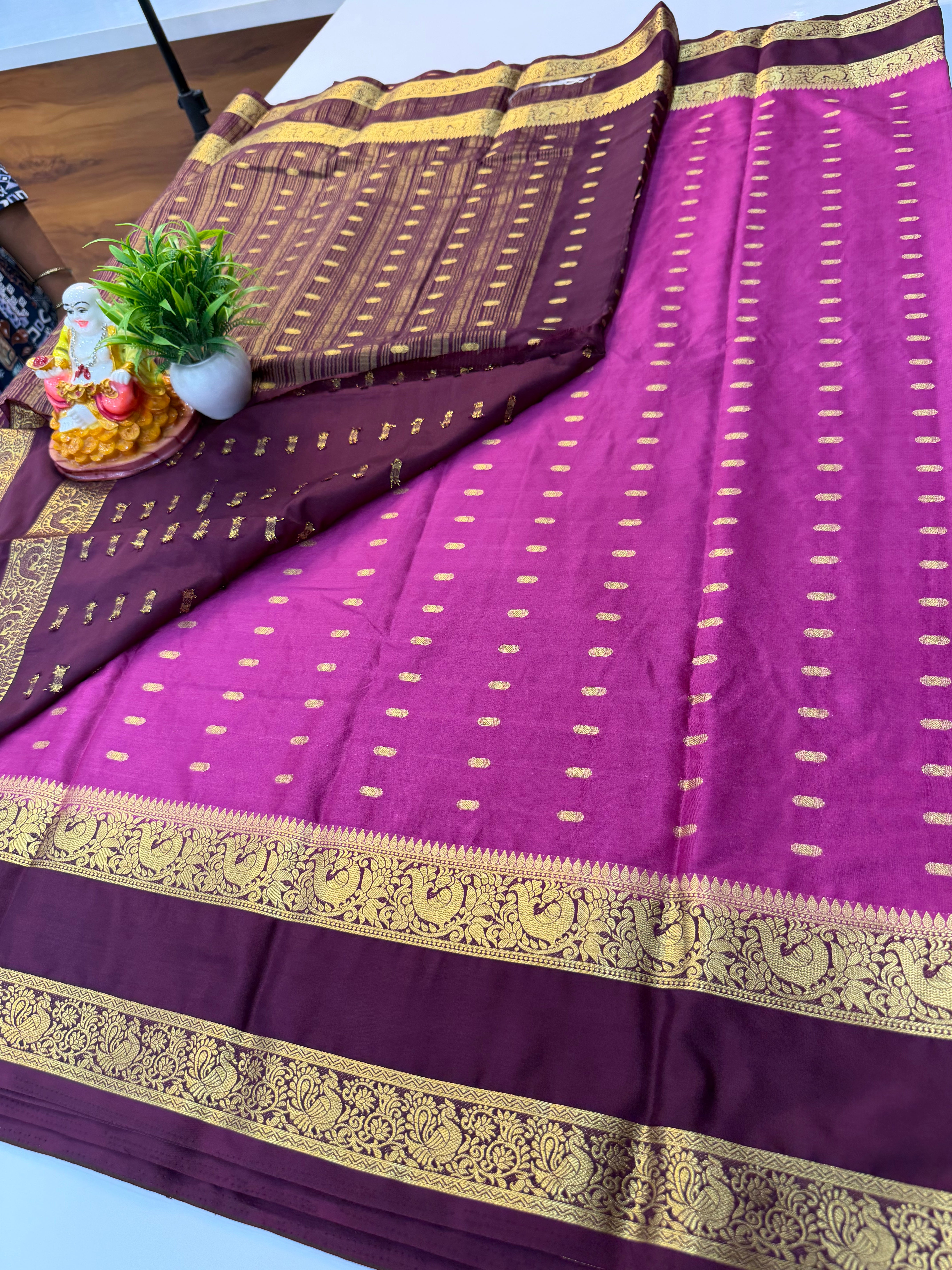 Mysore Crepe Silk Saree with Beautiful Buttas & Bentex Border – Padmavathi Silks and Sarees