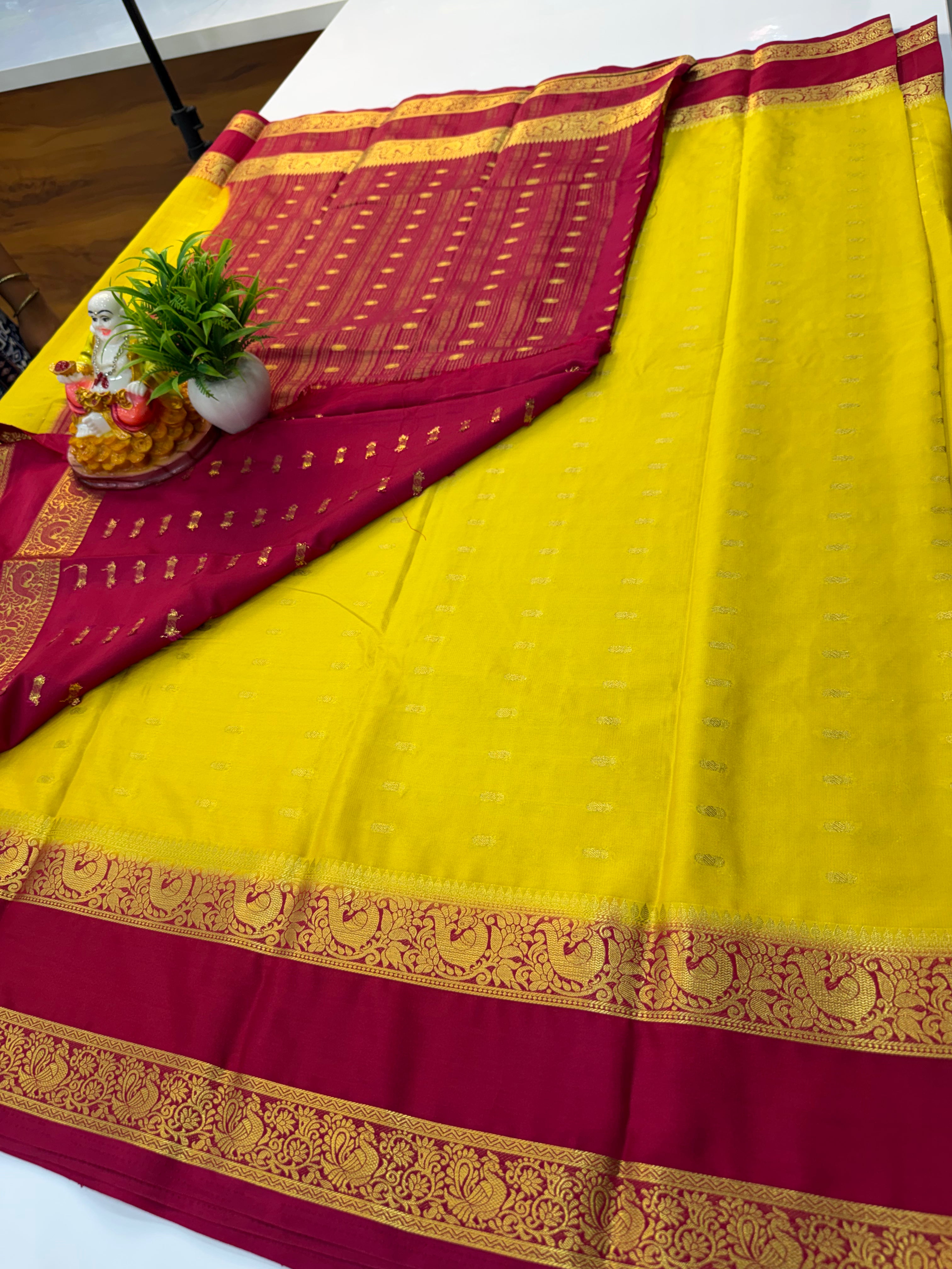 Mysore Crepe Silk Saree with Beautiful Buttas & Bentex Border – Padmavathi Silks and Sarees