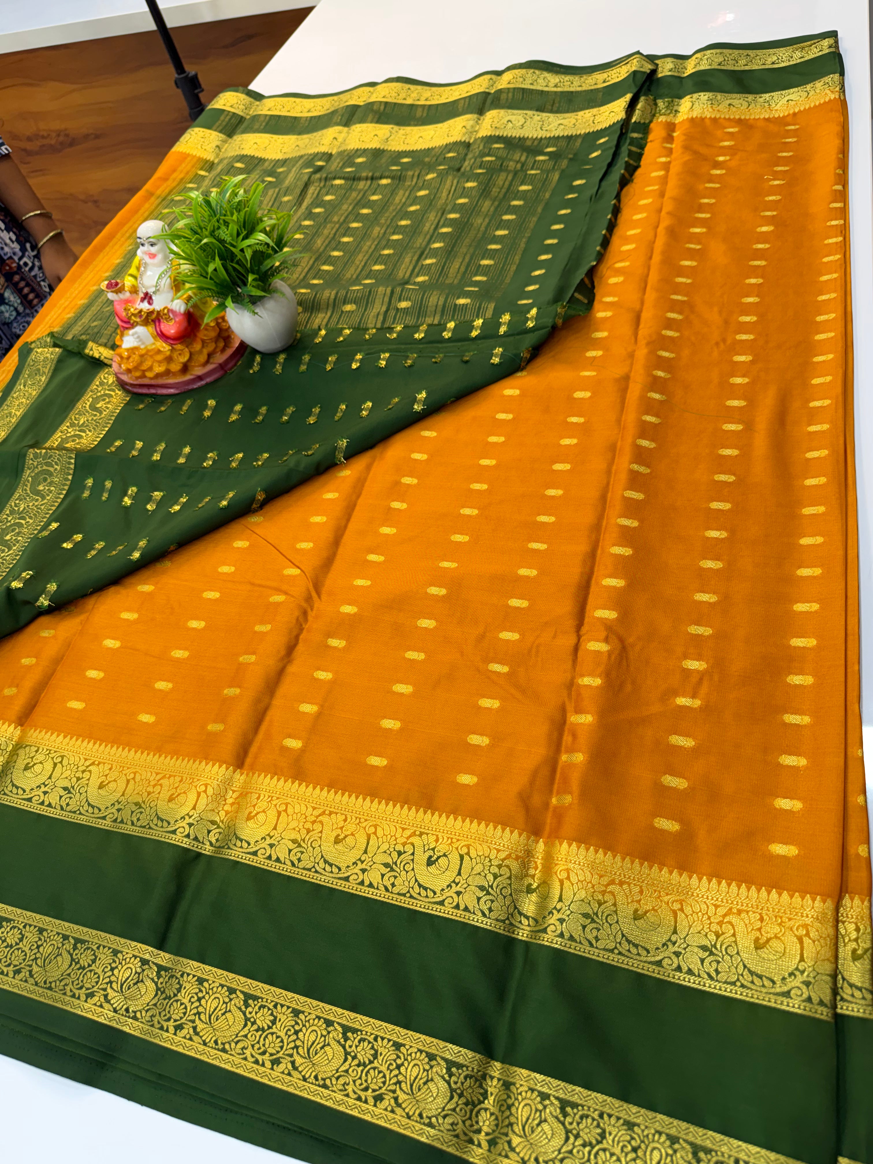 Mysore Crepe Silk Saree with Beautiful Buttas & Bentex Border – Padmavathi Silks and Sarees