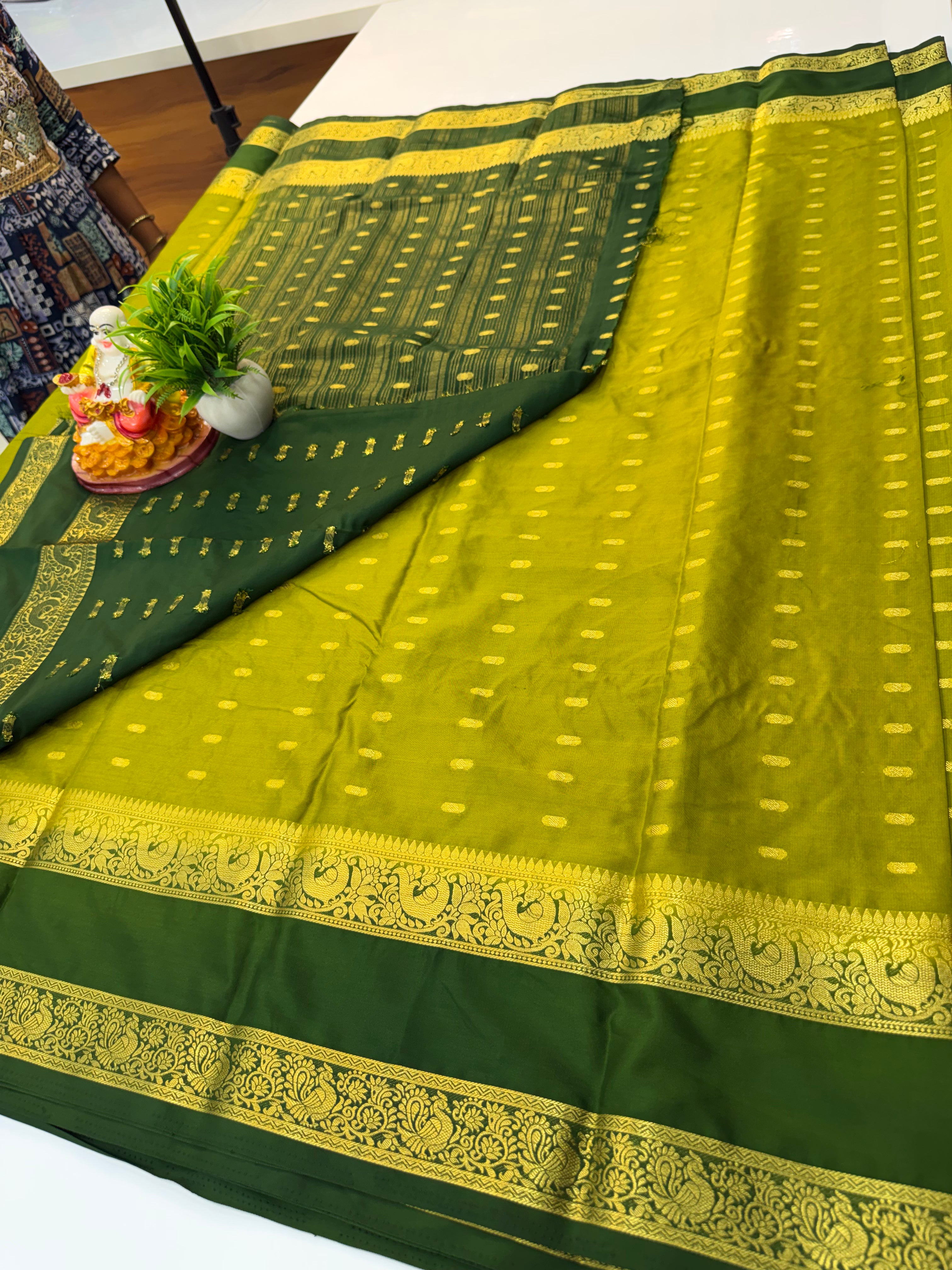 Mysore Crepe Silk Saree with Beautiful Buttas & Bentex Border – Padmavathi Silks and Sarees