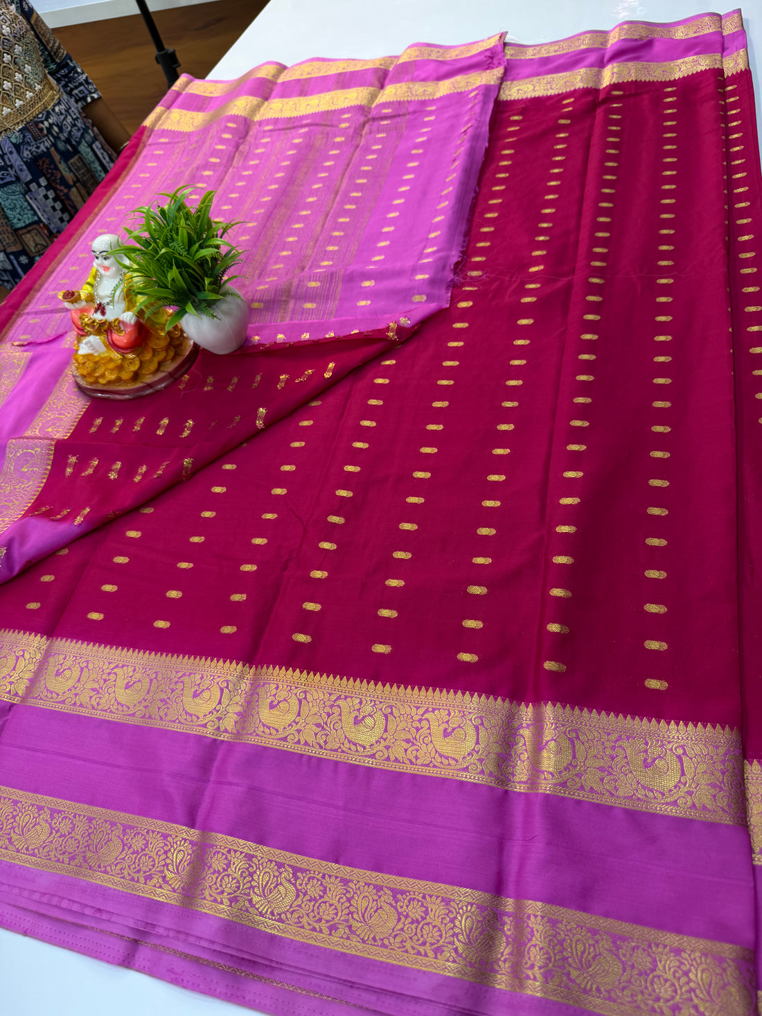 Mysore Crepe Silk Saree with Beautiful Buttas & Bentex Border – Padmavathi Silks and Sarees