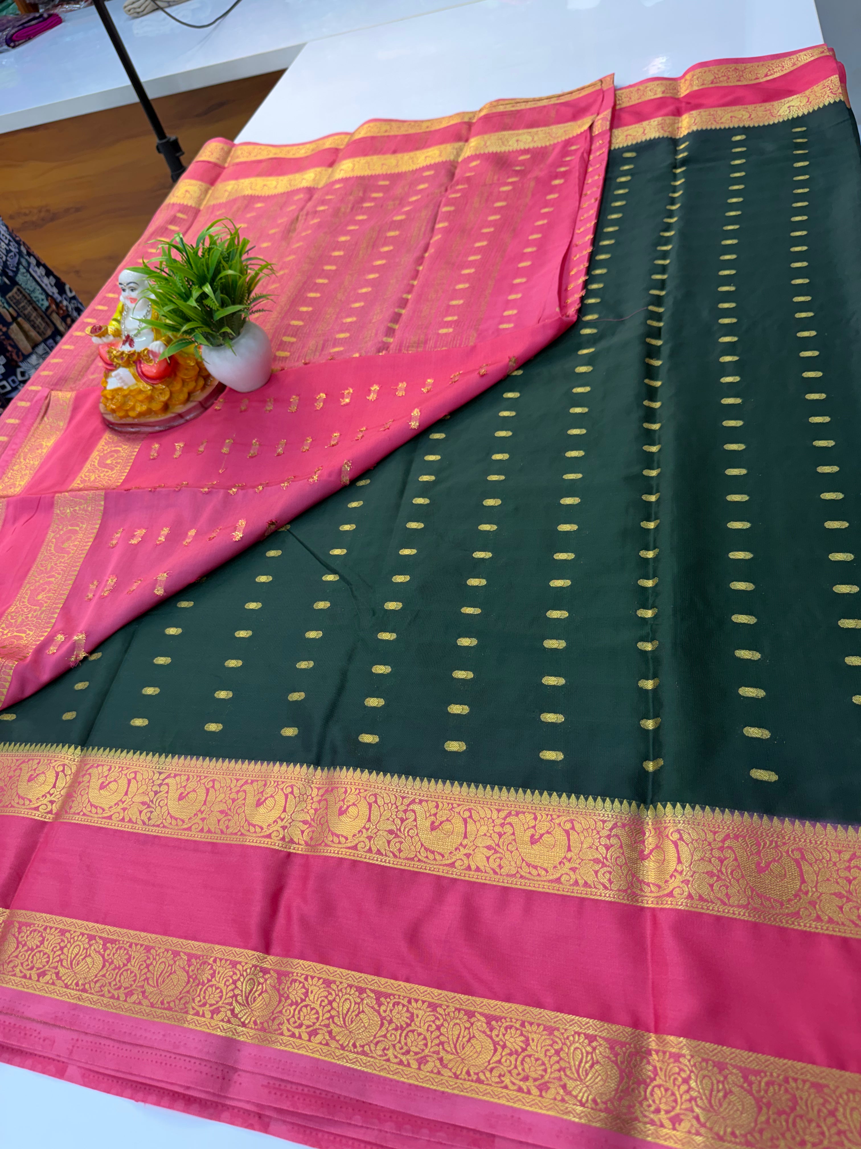 Mysore Crepe Silk Saree with Beautiful Buttas & Bentex Border – Padmavathi Silks and Sarees
