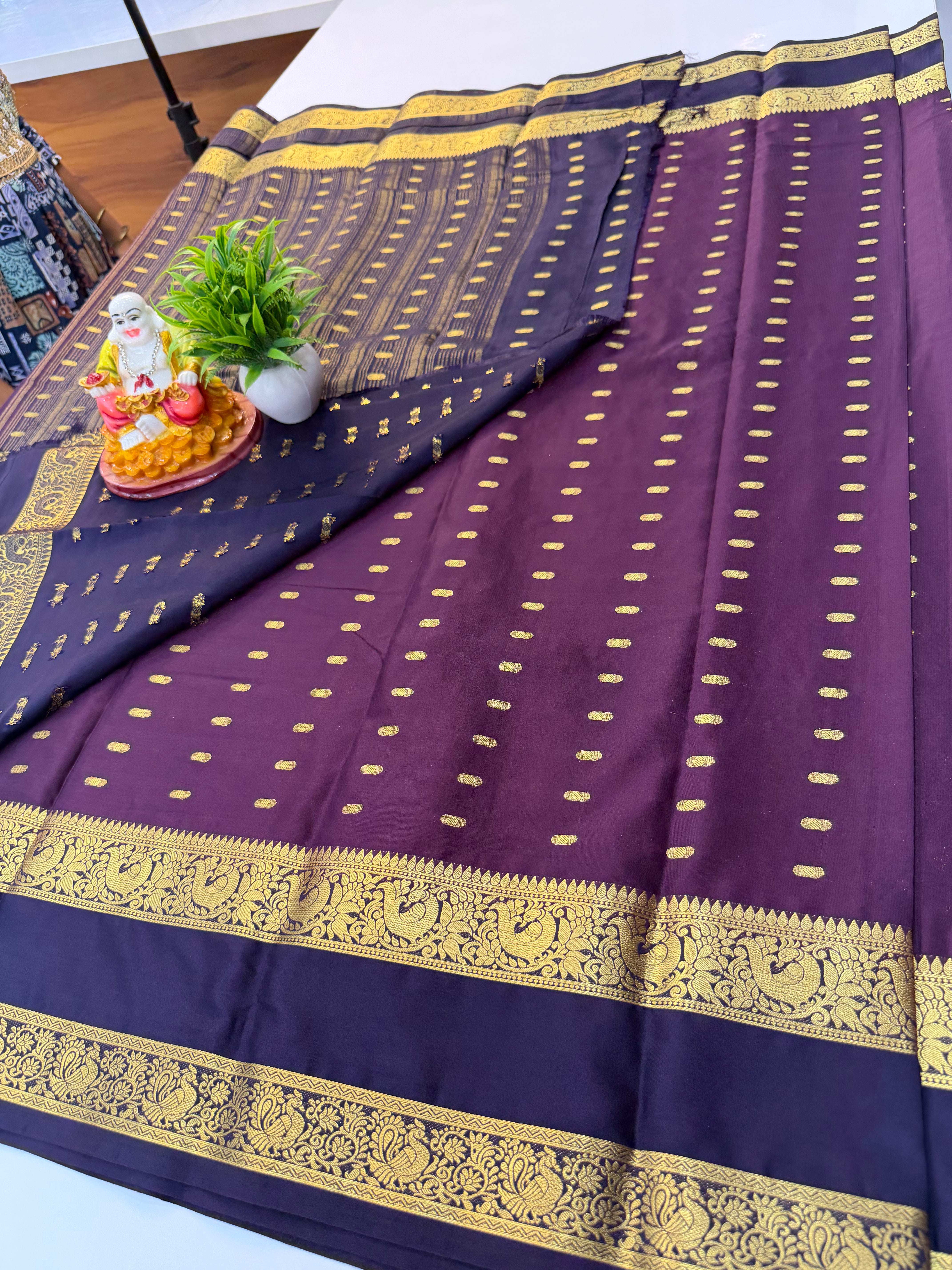 Mysore Crepe Silk Saree with Beautiful Buttas & Bentex Border – Padmavathi Silks and Sarees