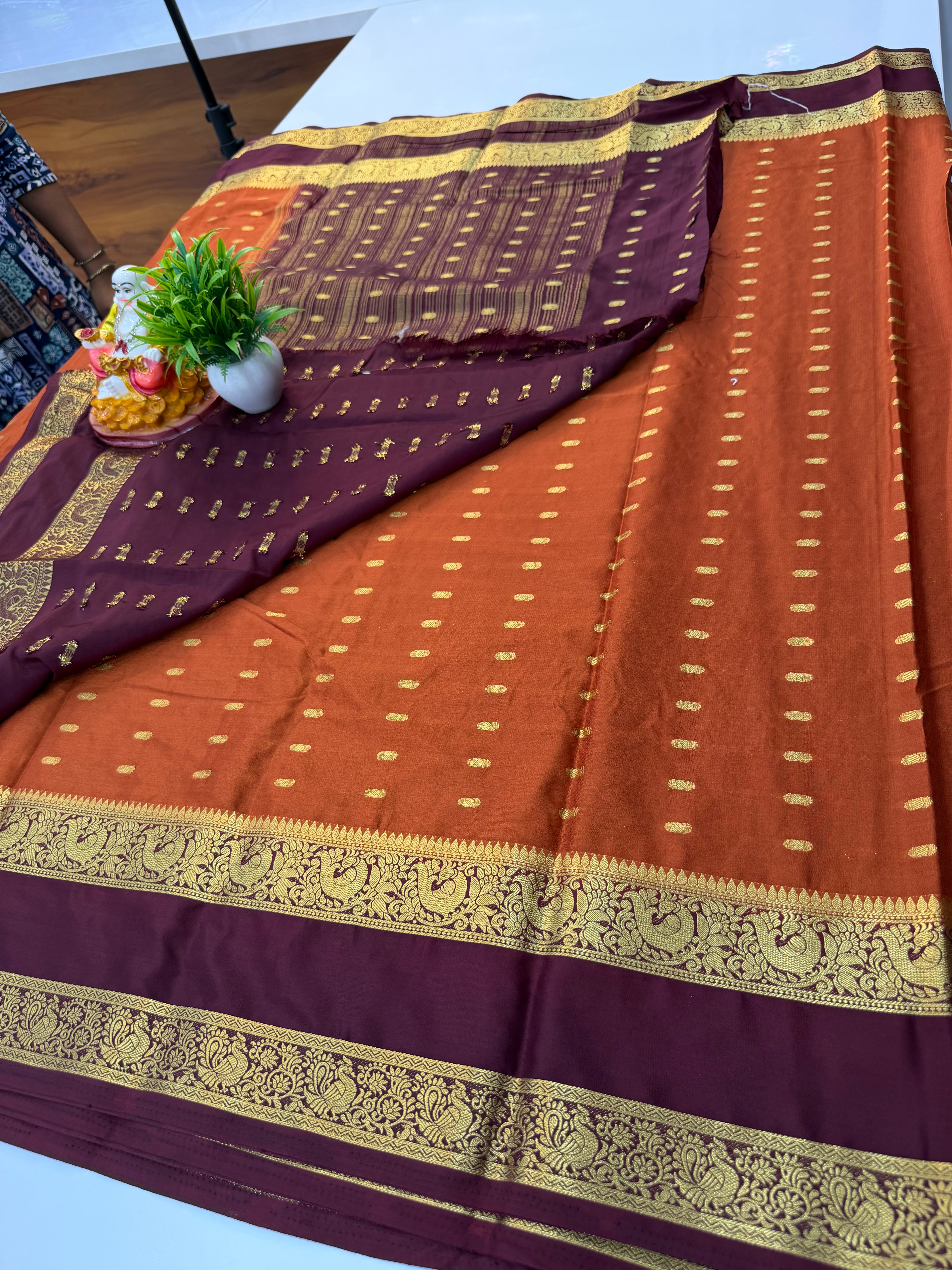 Mysore Crepe Silk Saree with Beautiful Buttas & Bentex Border – Padmavathi Silks and Sarees
