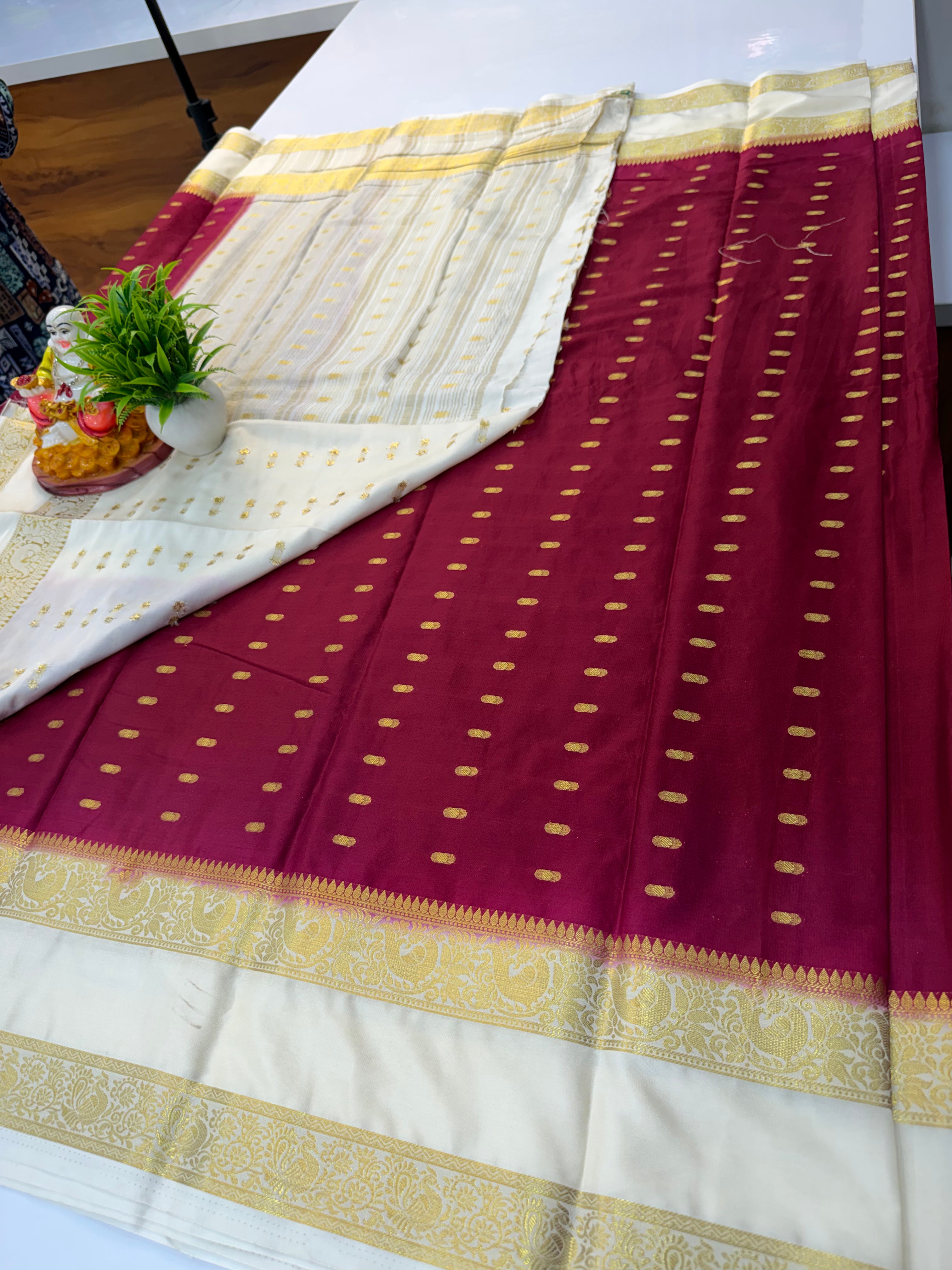 Mysore Crepe Silk Saree with Beautiful Buttas & Bentex Border – Padmavathi Silks and Sarees