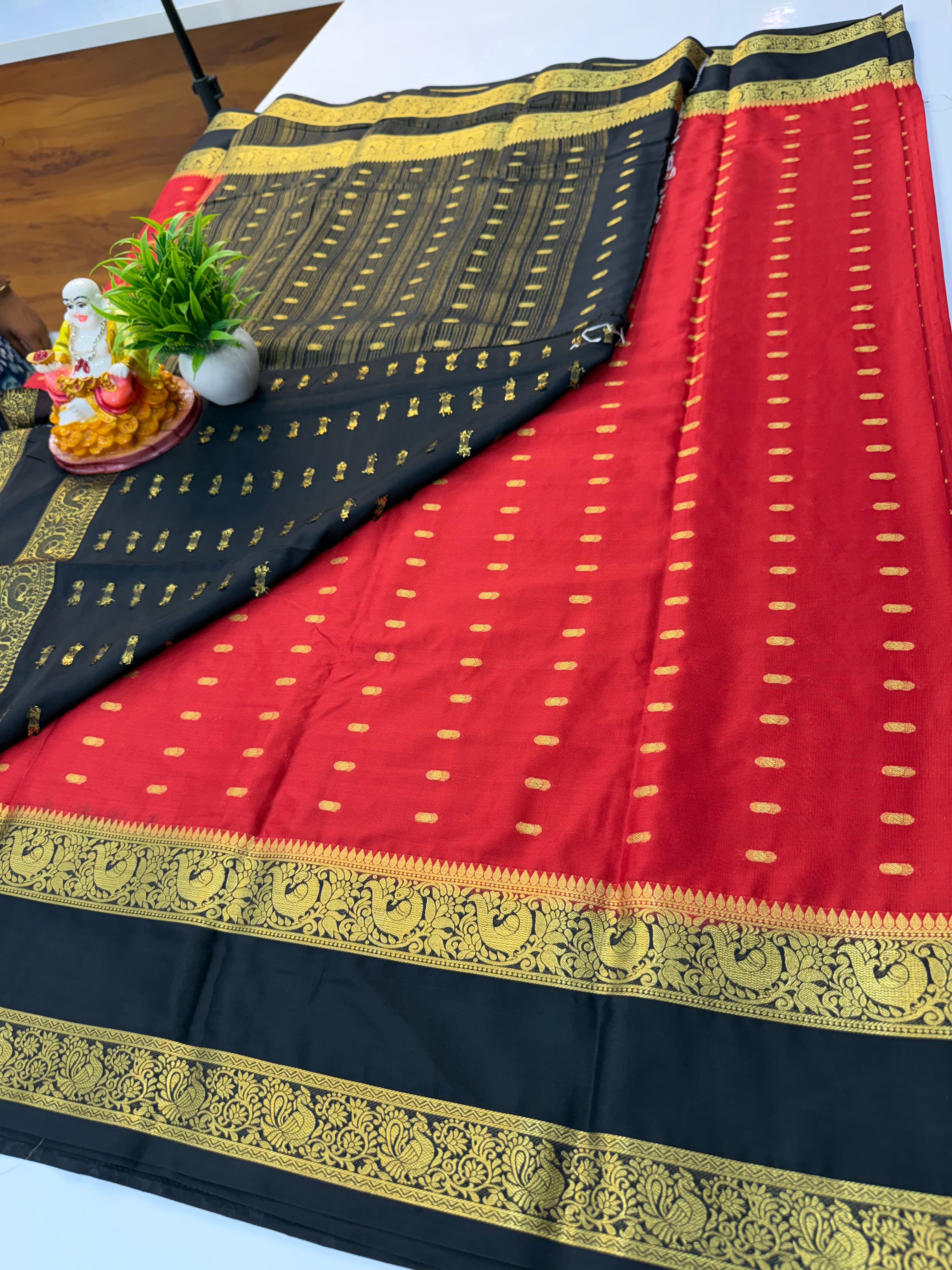 Mysore Crepe Silk Saree with Beautiful Buttas & Bentex Border – Padmavathi Silks and Sarees