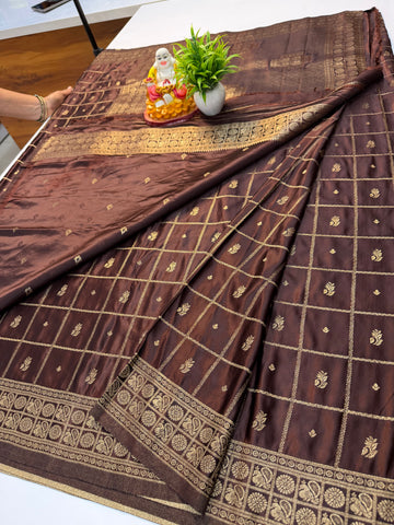 Premium Satin Saree with Checks Pattern Rich Pallu & Butta Blouse