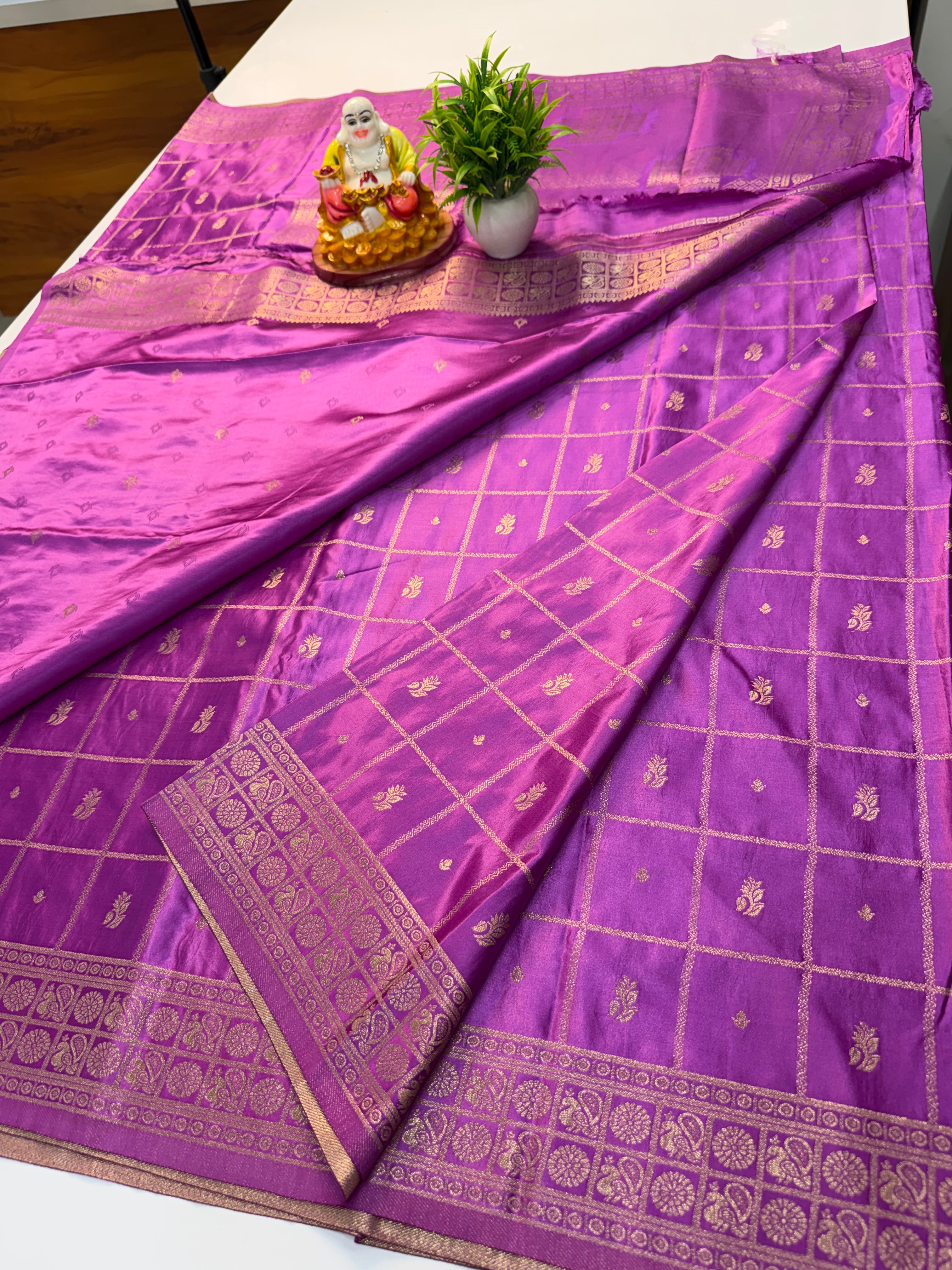 Premium Satin Saree with Checks Pattern Rich Pallu & Butta Blouse