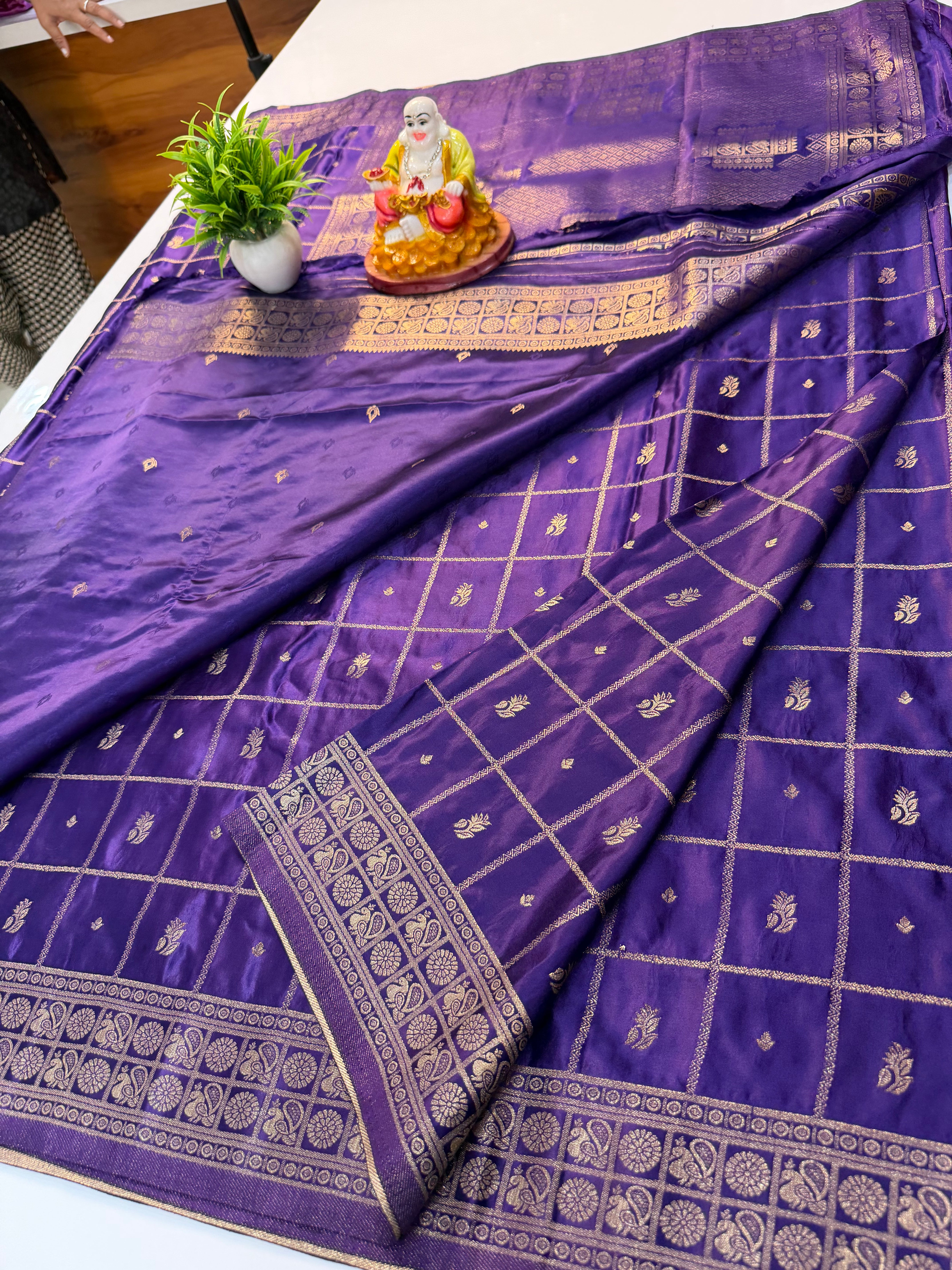 Premium Satin Saree with Checks Pattern Rich Pallu & Butta Blouse