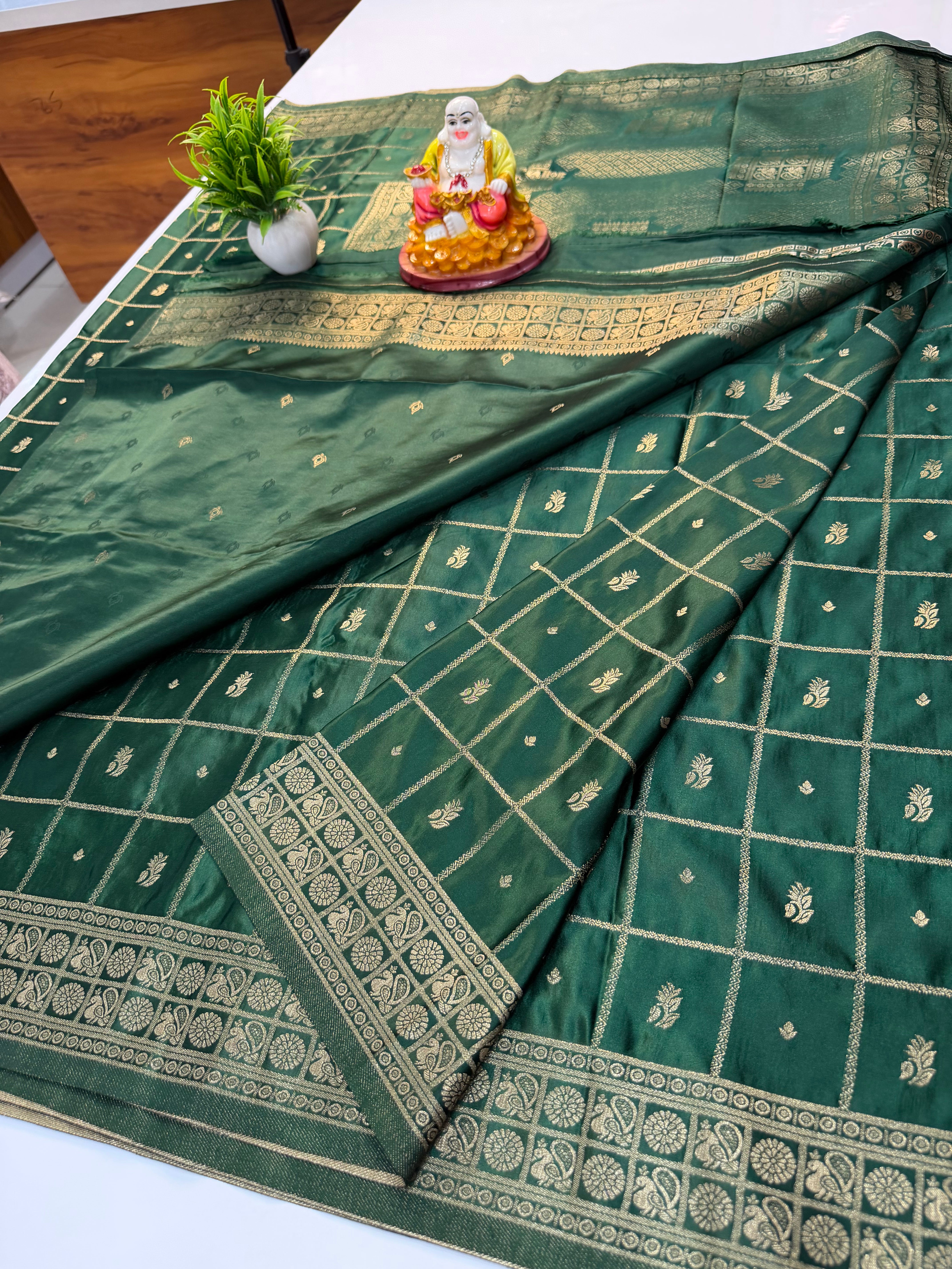 Premium Satin Saree with Checks Pattern Rich Pallu & Butta Blouse