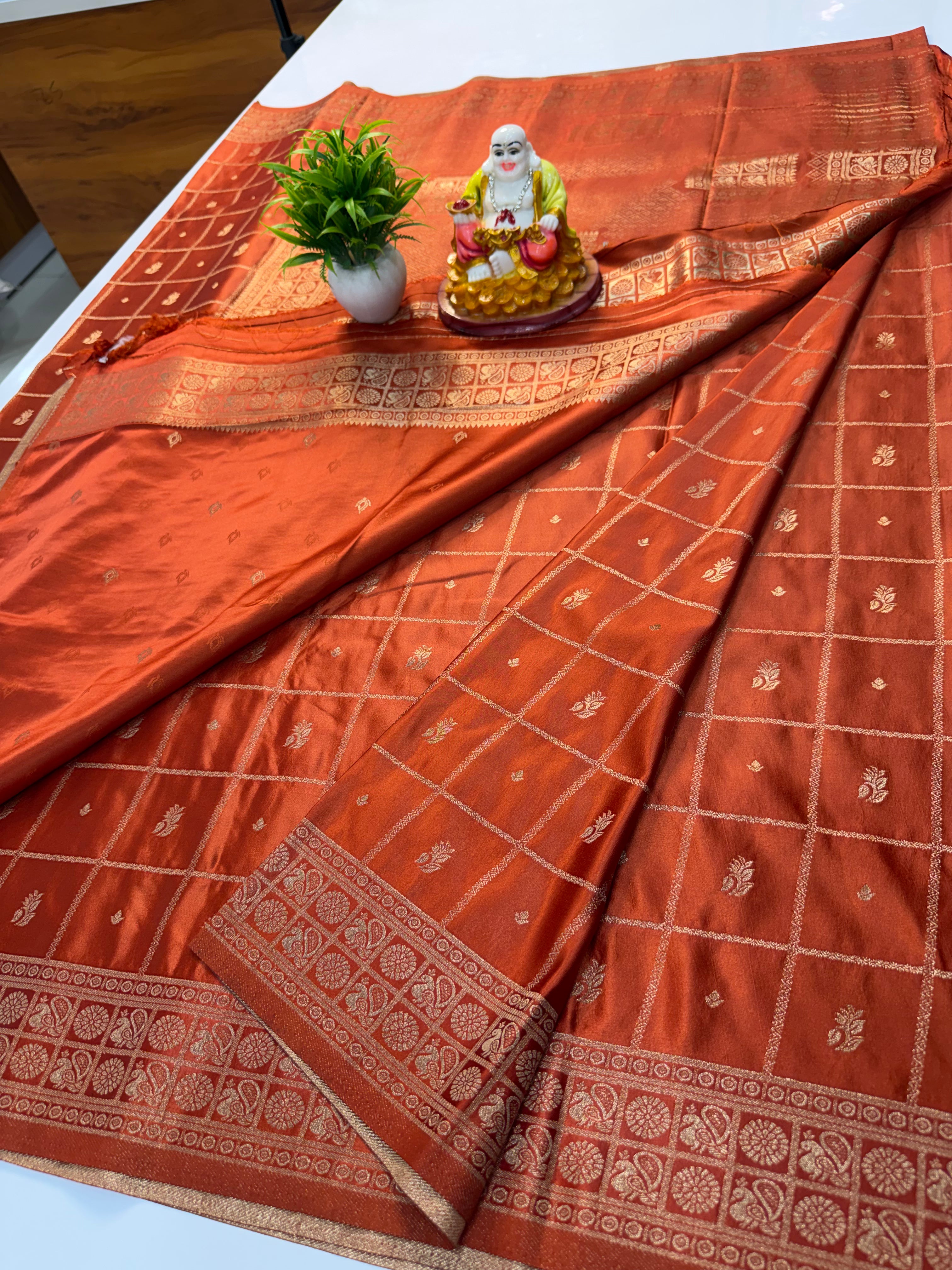 Premium Satin Saree with Checks Pattern Rich Pallu & Butta Blouse
