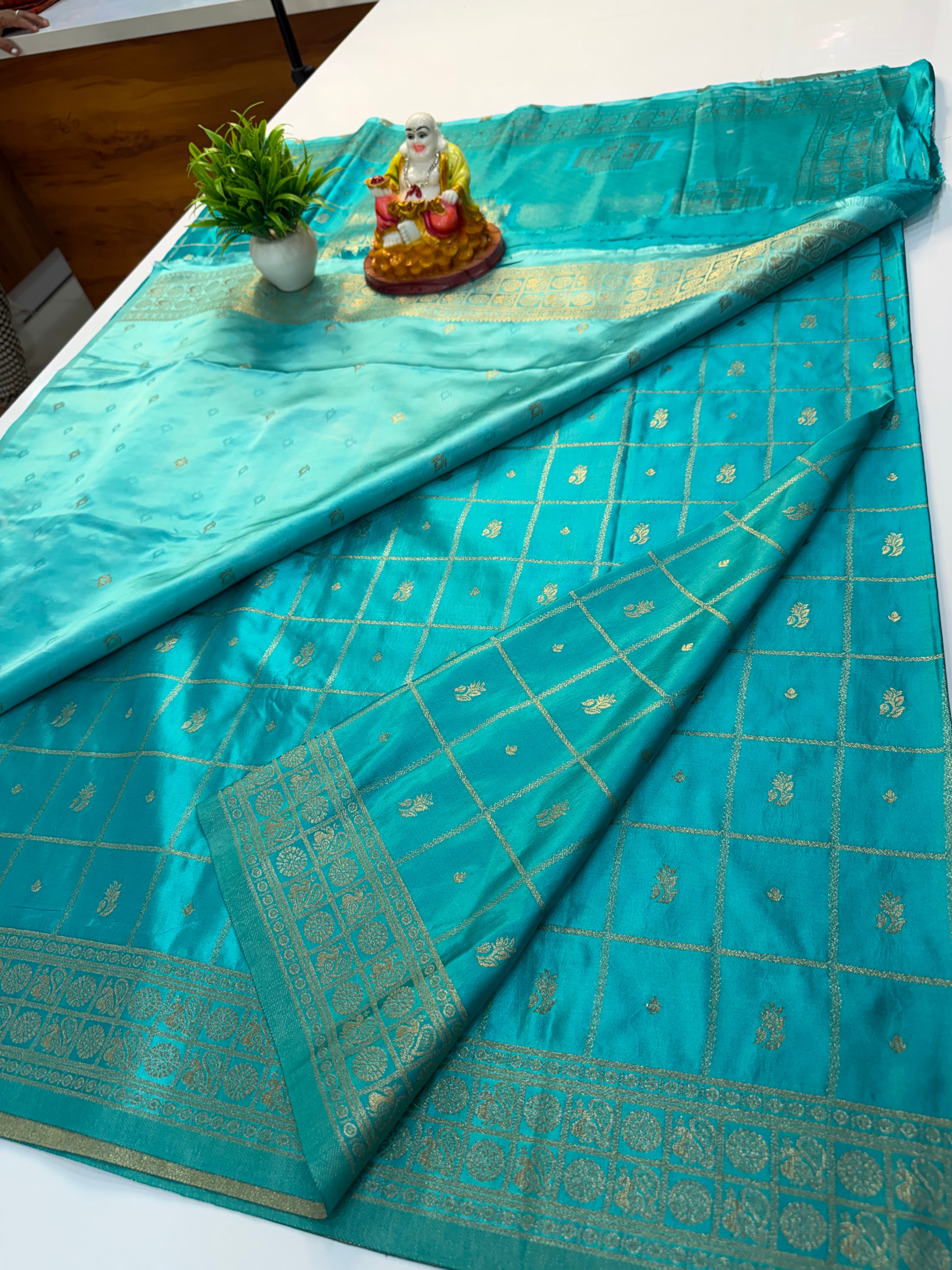 Premium Satin Saree with Checks Pattern Rich Pallu & Butta Blouse