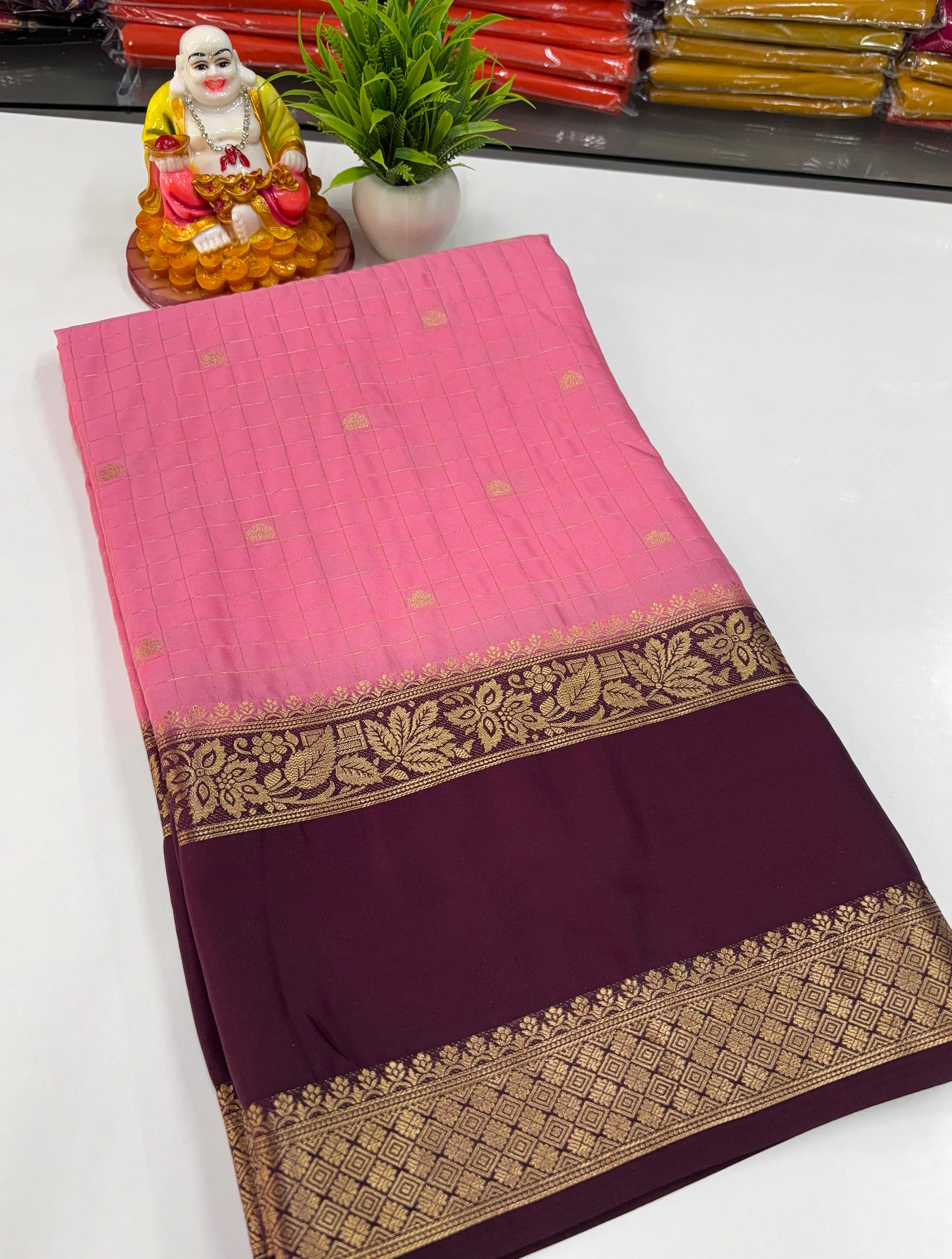 Mysore Crepe Silk Saree with Beautiful Checks Pattern &amp; Buttas – Padmavathi Silks and Sarees