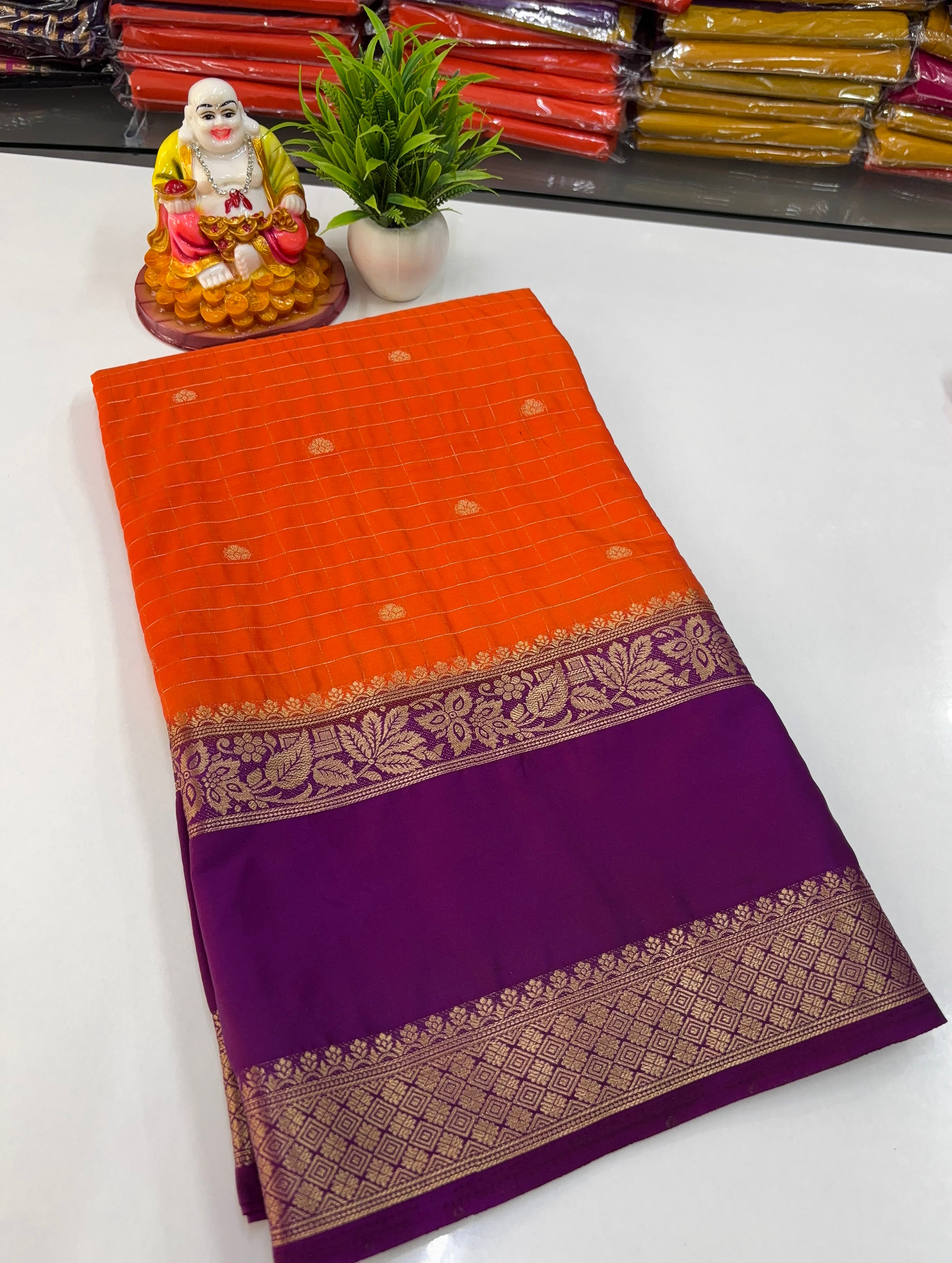 Mysore Crepe Silk Saree with Beautiful Checks Pattern &amp; Buttas – Padmavathi Silks and Sarees