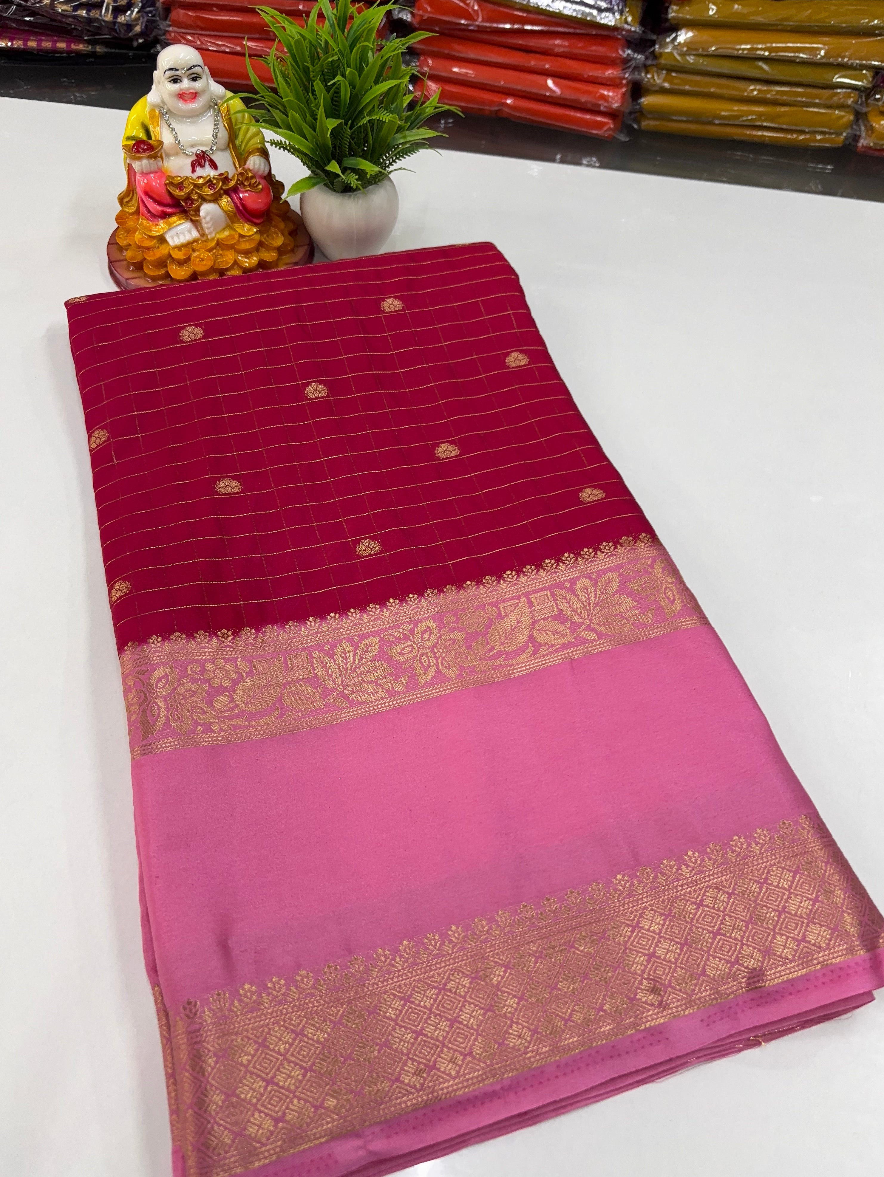 Mysore Crepe Silk Saree with Beautiful Checks Pattern &amp; Buttas – Padmavathi Silks and Sarees