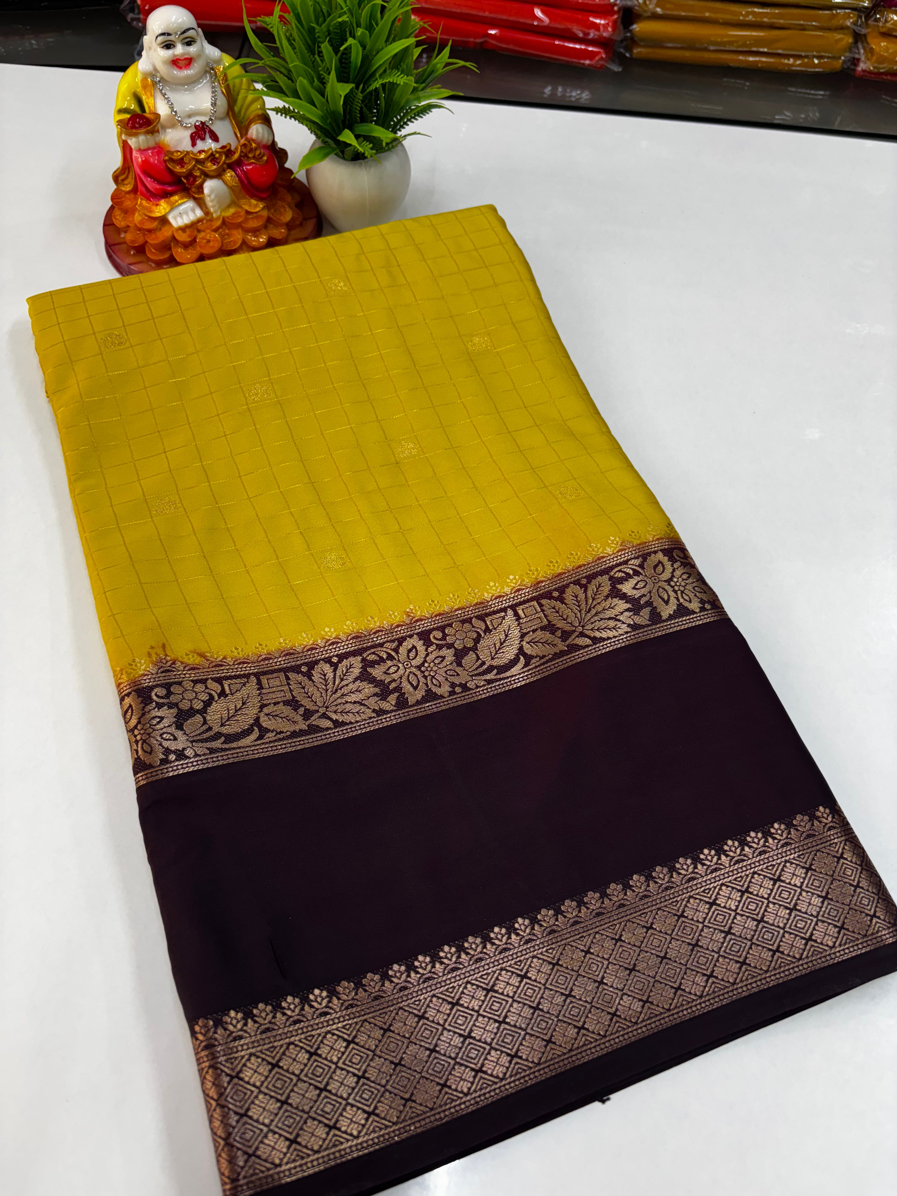 Mysore Crepe Silk Saree with Beautiful Checks Pattern &amp; Buttas – Padmavathi Silks and Sarees