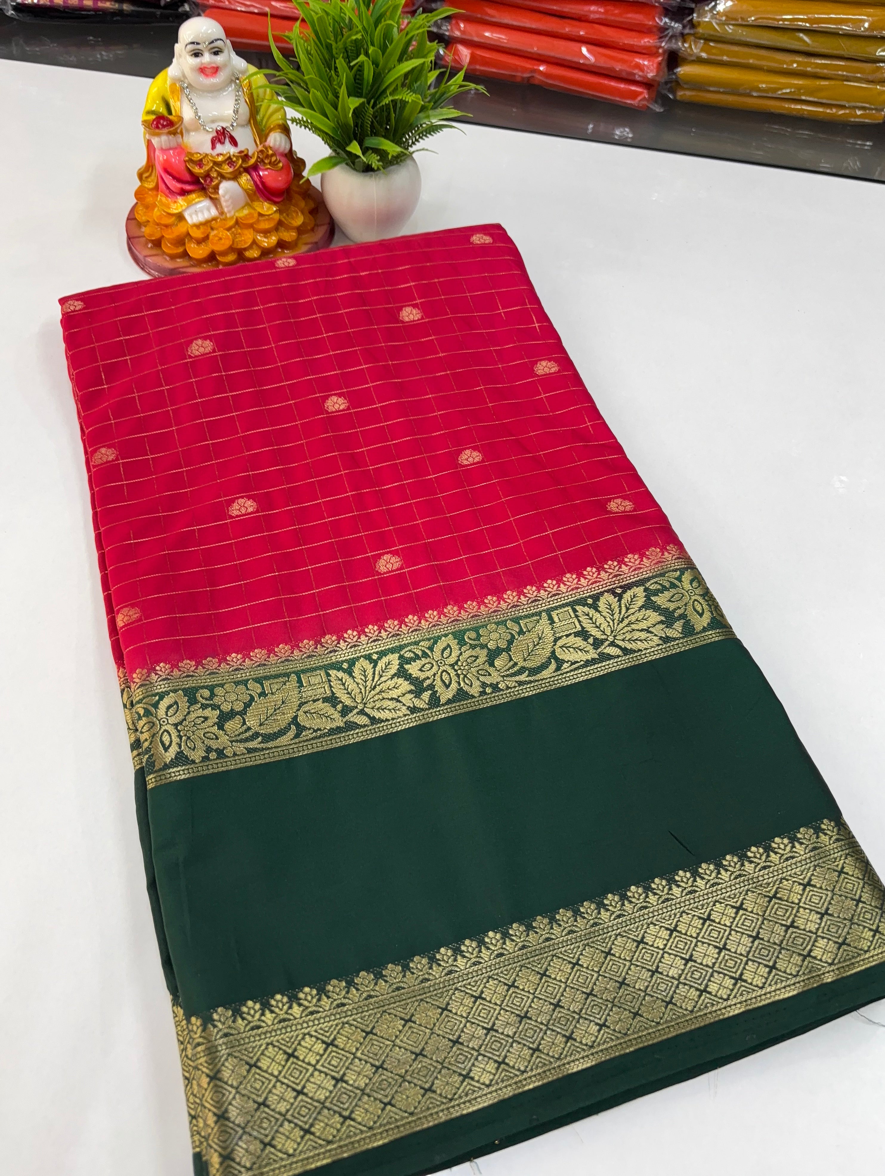 Mysore Crepe Silk Saree with Beautiful Checks Pattern &amp; Buttas – Padmavathi Silks and Sarees