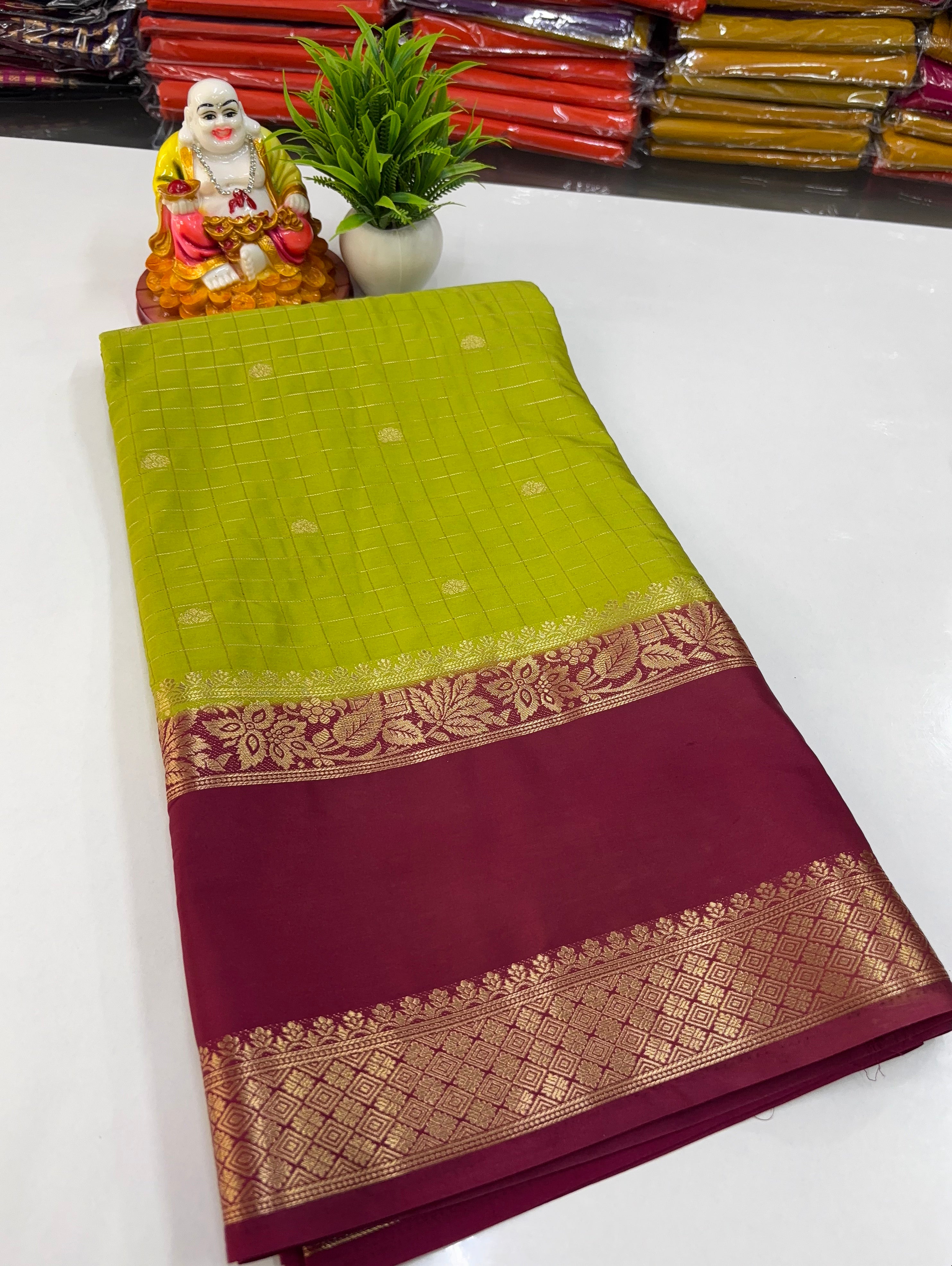 Mysore Crepe Silk Saree with Beautiful Checks Pattern &amp; Buttas – Padmavathi Silks and Sarees